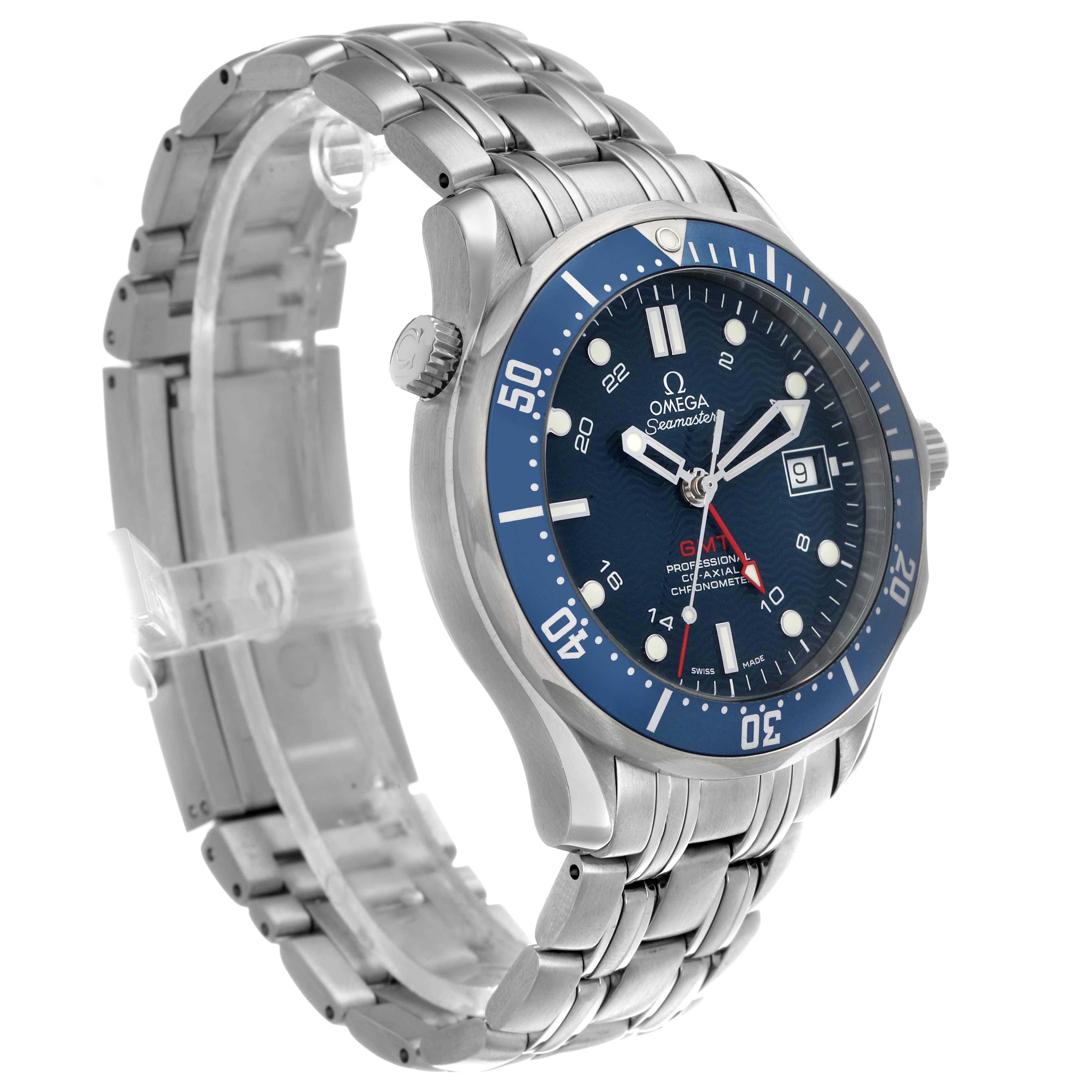 The Omega Seamaster 2535.80.00 Men's Stainless Steel Blue Dial watch is shown at a three-quarter angle, displaying the dial, bezel, and stainless steel bracelet.