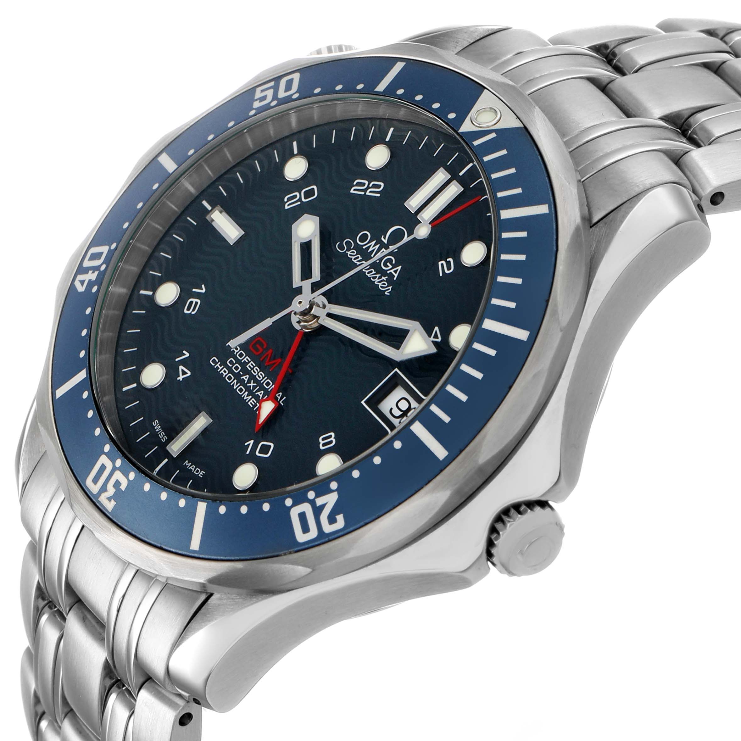 The Omega Seamaster 2535.80.00 Men's Stainless Steel Blue Dial watch is shown at an angled perspective highlighting the dial, bezel, bracelet, and crown.