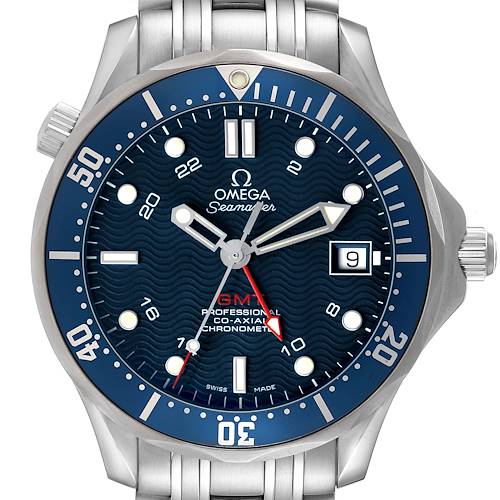 The Omega Seamaster 2535.80.00 Men's Stainless Steel Blue Dial watch is shown from a front angle, highlighting the blue dial, bezel, hands, and bracelet.