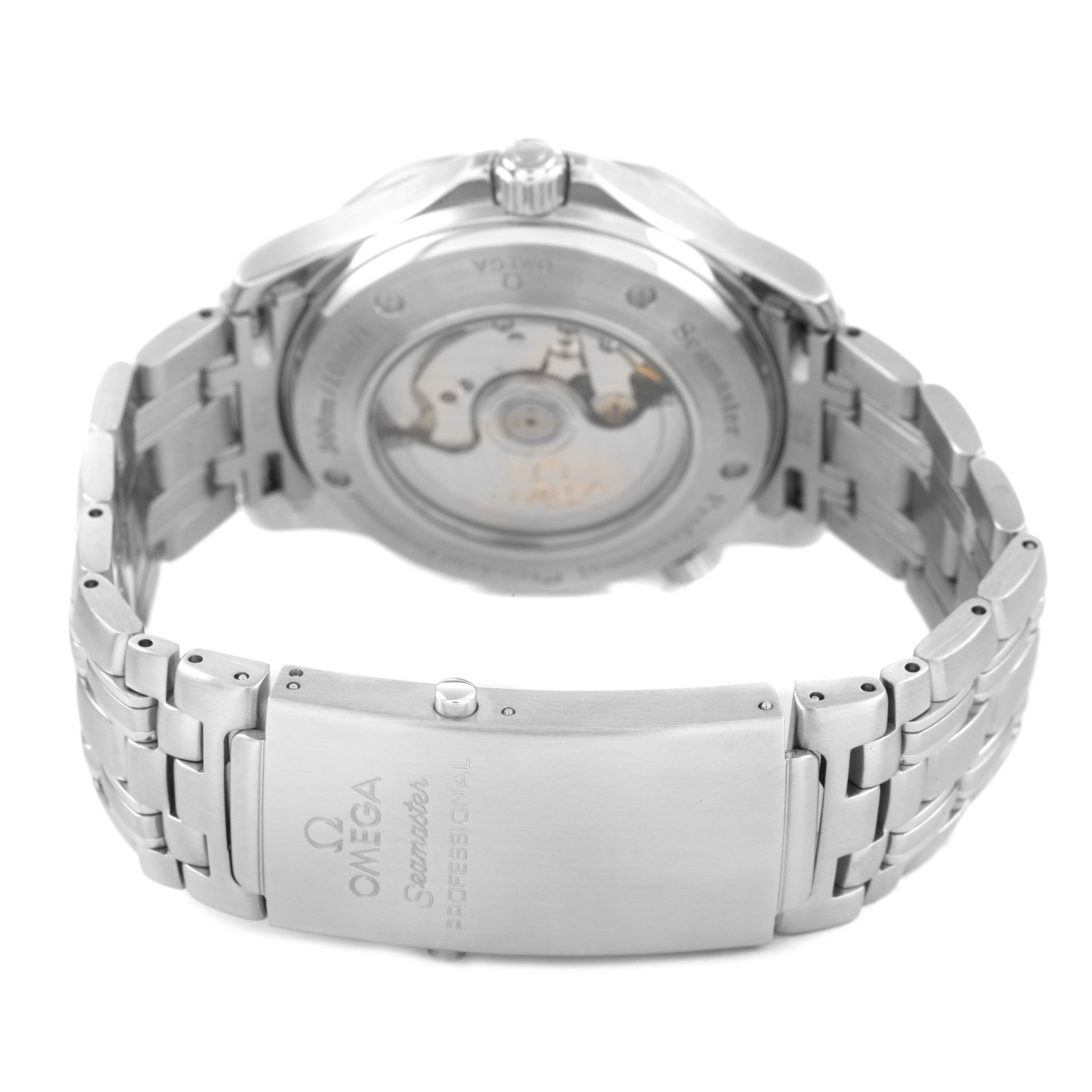 The image shows the back view of the Omega Seamaster 2535.80.00 Men's Stainless Steel Blue Dial, displaying the case back and bracelet clasp.