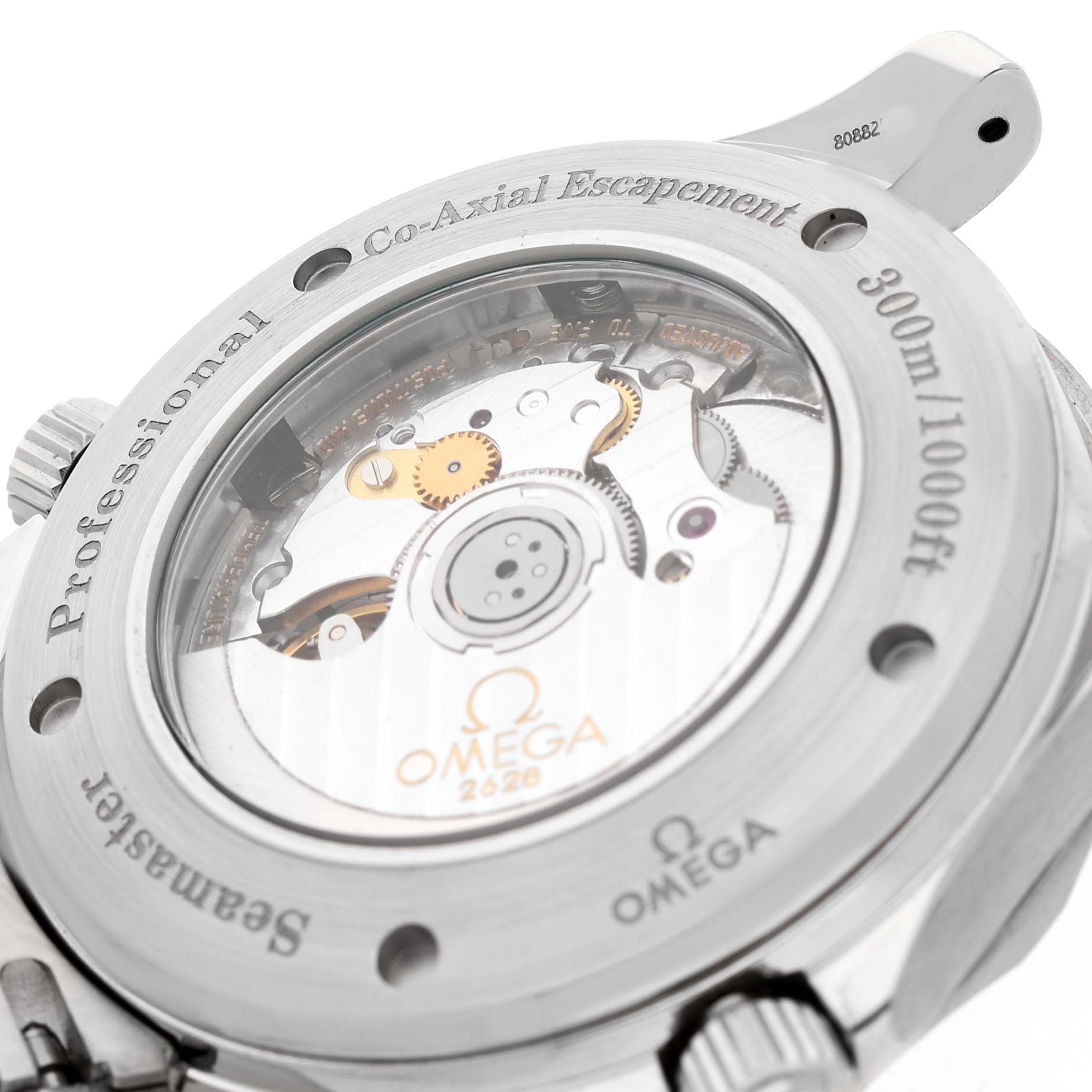 The image shows the back view of an Omega Seamaster 2535.80.00 Men's Stainless Steel Blue Dial watch, highlighting the transparent case back and exposed internal mechanics.