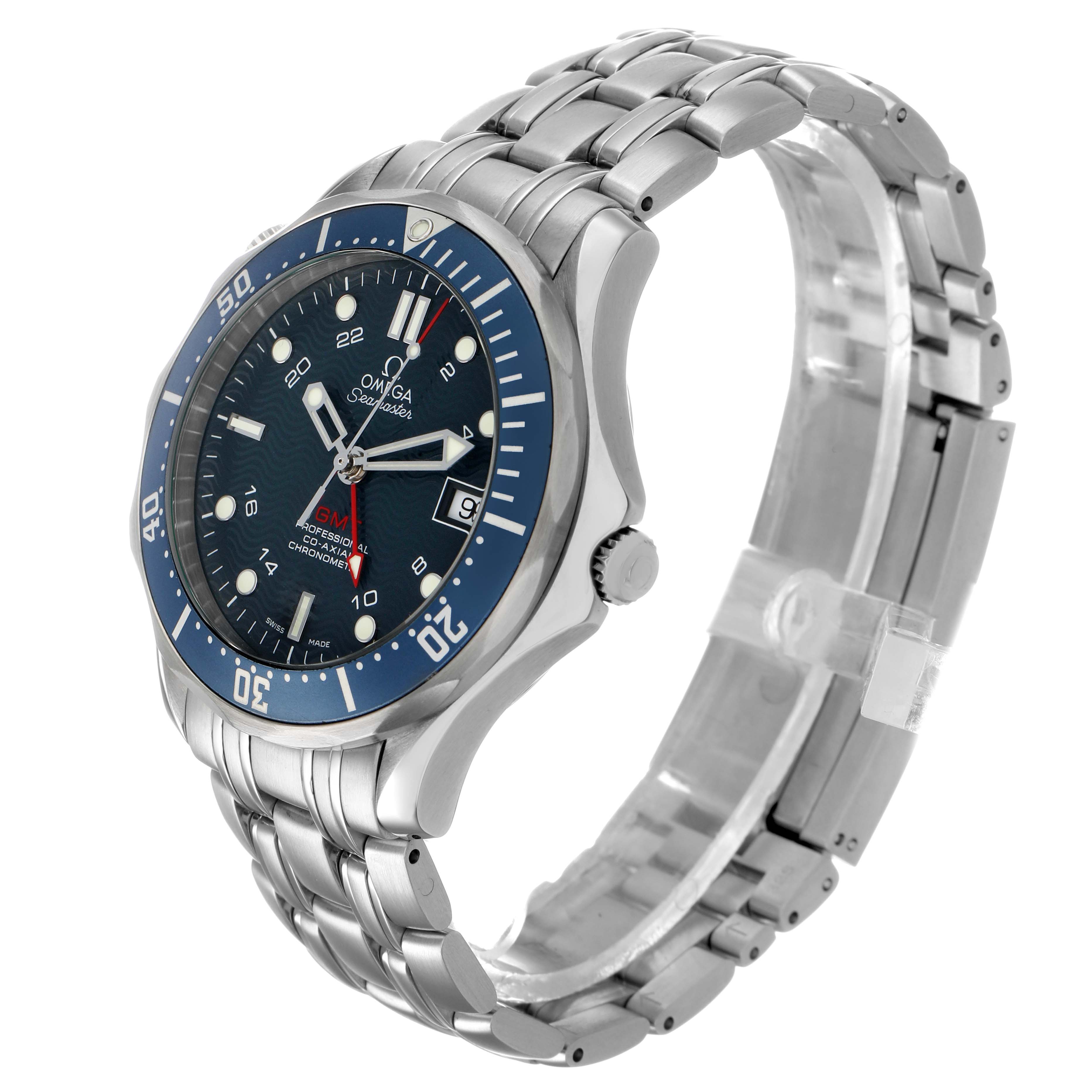 The Omega Seamaster 2535.80.00 Men's Stainless Steel Blue Dial watch is shown at a three-quarter angle, highlighting the blue dial, bezel, and metal bracelet.