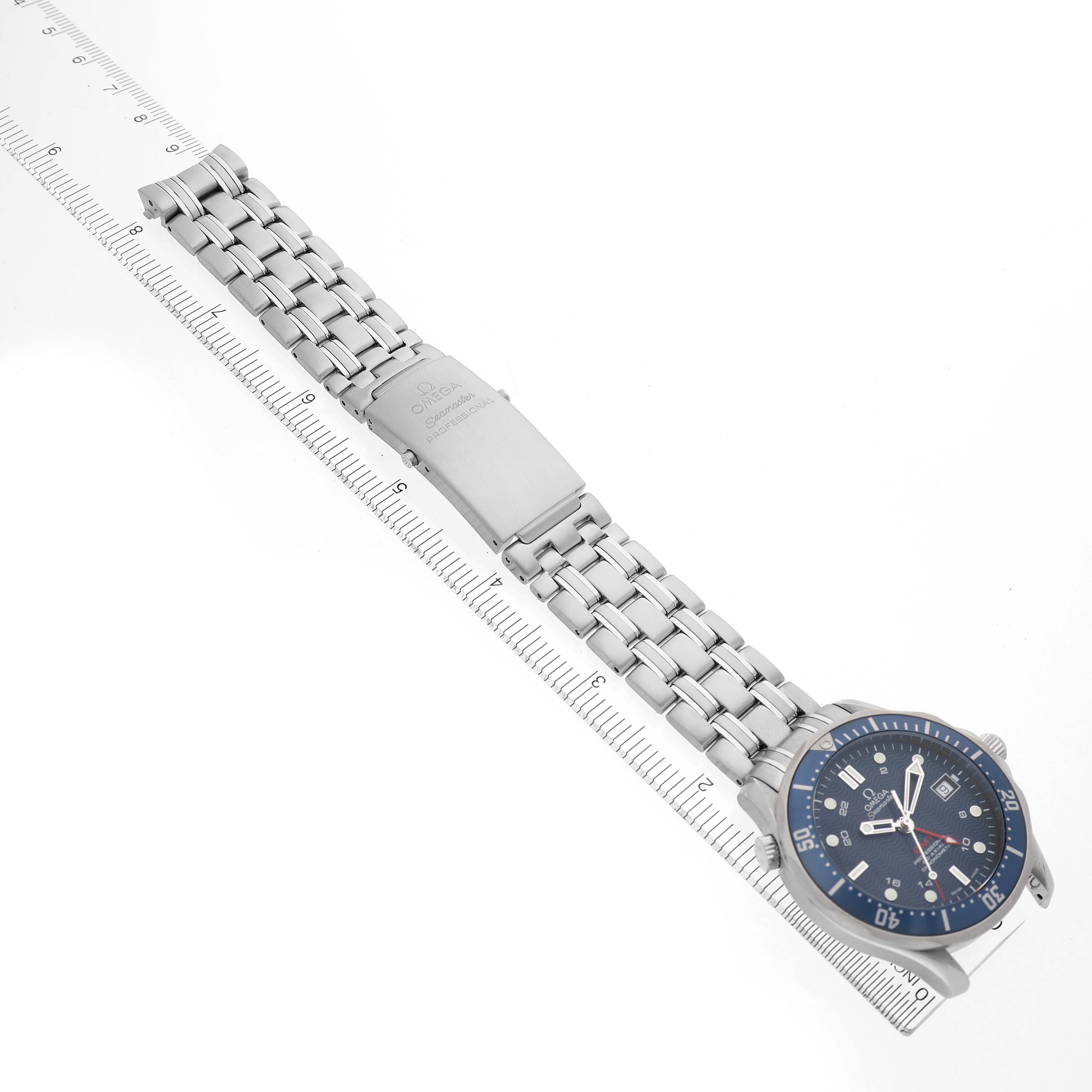 The Omega Seamaster 2535.80.00 Men's Stainless Steel Blue Dial watch is displayed at a diagonal angle, showing the face, bezel, and full metal bracelet with a clasp.
