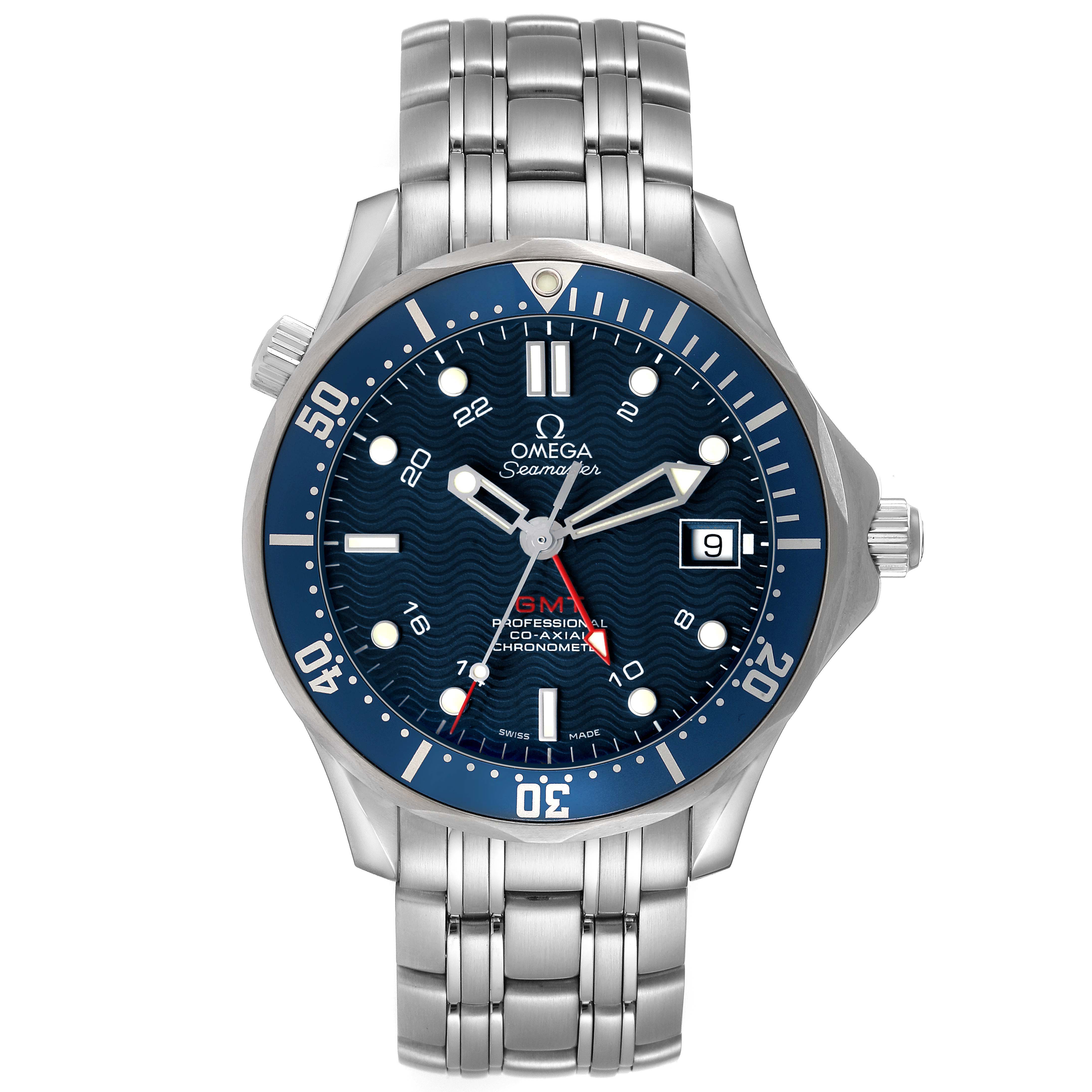 The Omega Seamaster 2535.80.00 Men's Stainless Steel Blue Dial watch is shown from the front, displaying the dial, bezel, hands, bracelet, and crown.