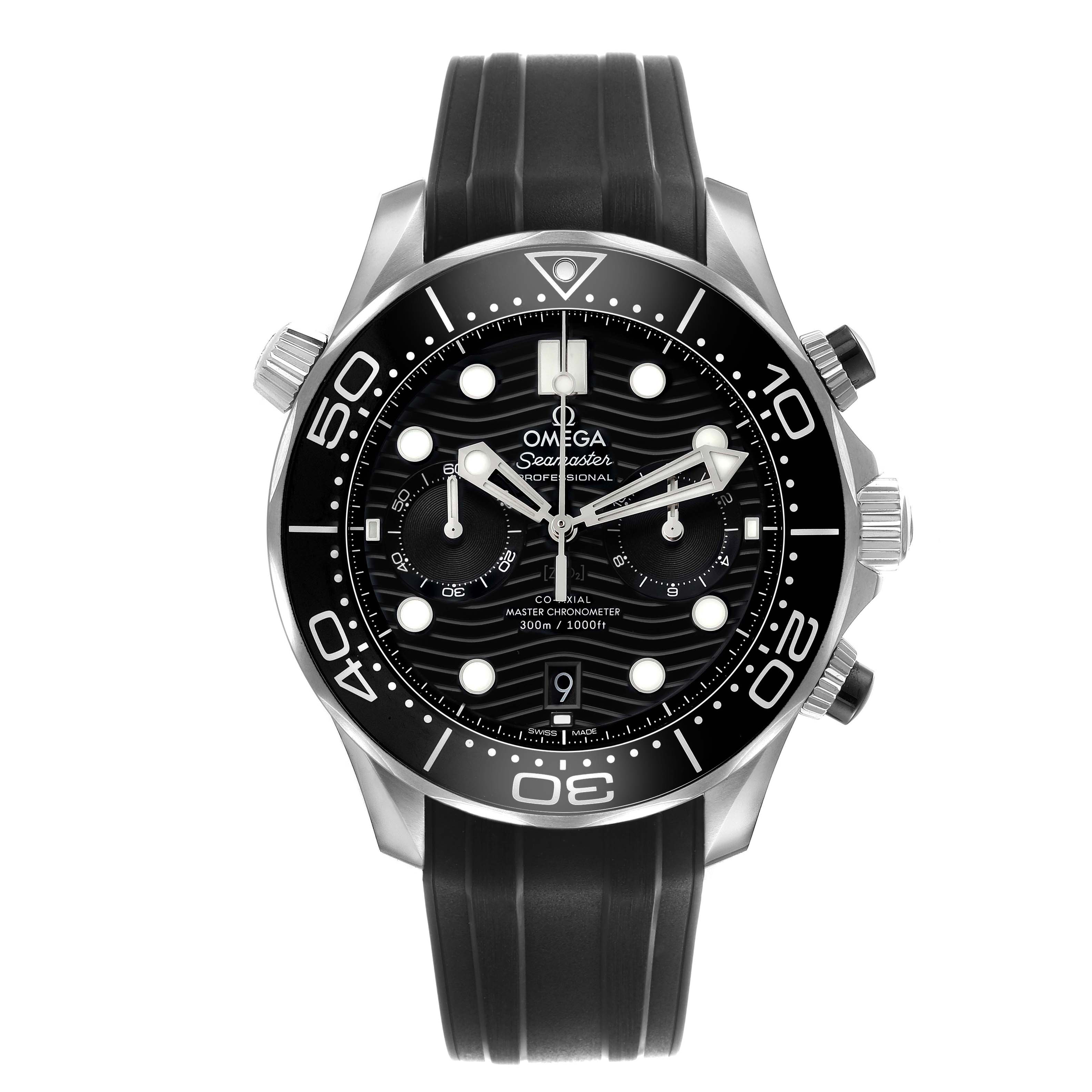 The Omega Seamaster 210.30.44.51.01.001 Men's Stainless Steel Black Dial watch is shown from the front, highlighting its black dial, rubber strap, and prominent bezel details.