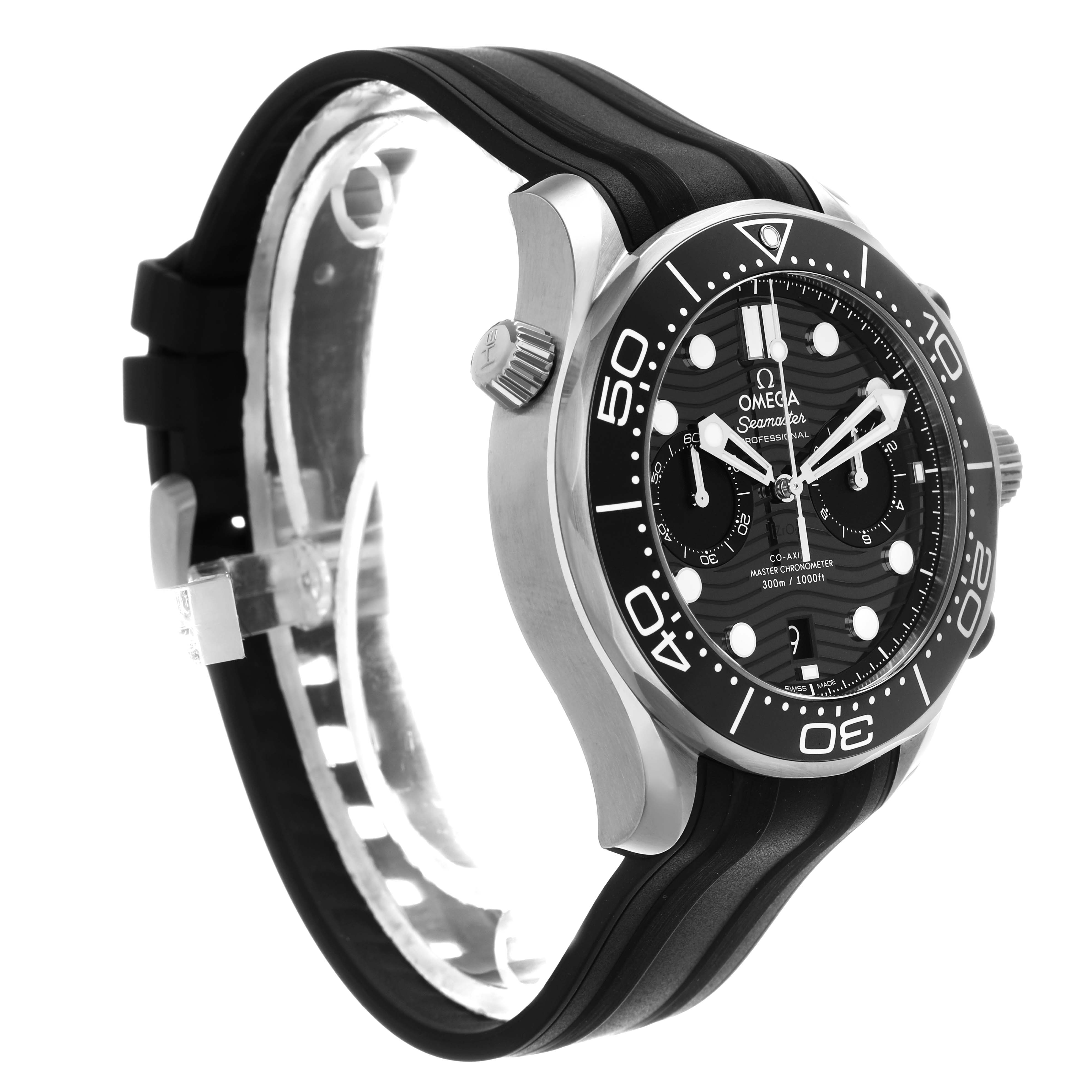 The Omega Seamaster 210.30.44.51.01.001 Men's Stainless Steel Black Dial watch is shown at a three-quarter angle, displaying the face, bezel, and part of the strap.