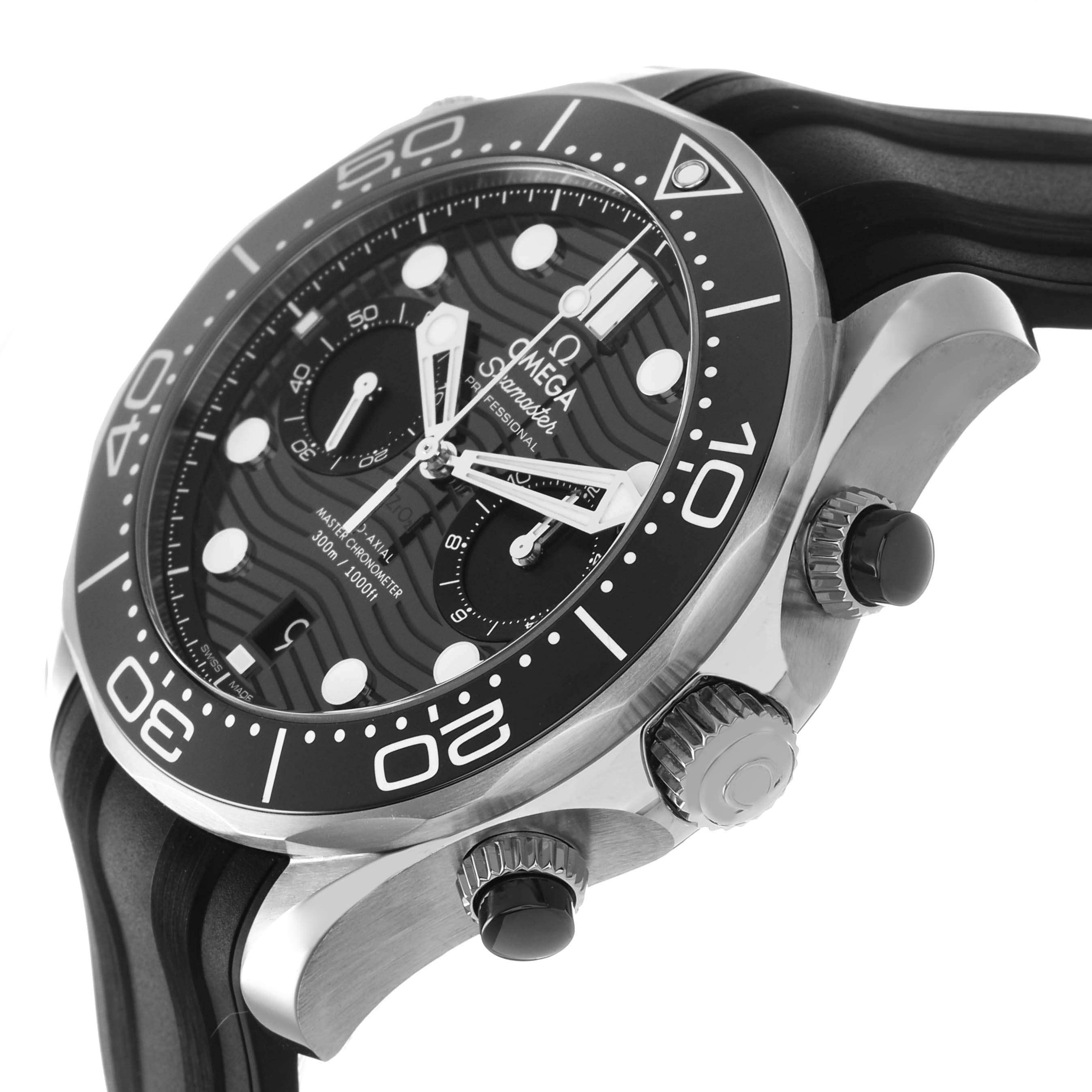 The Omega Seamaster 210.30.44.51.01.001 Men's Stainless Steel Black Dial watch is shown from an angled side view, highlighting the dial, crown, and pushers.