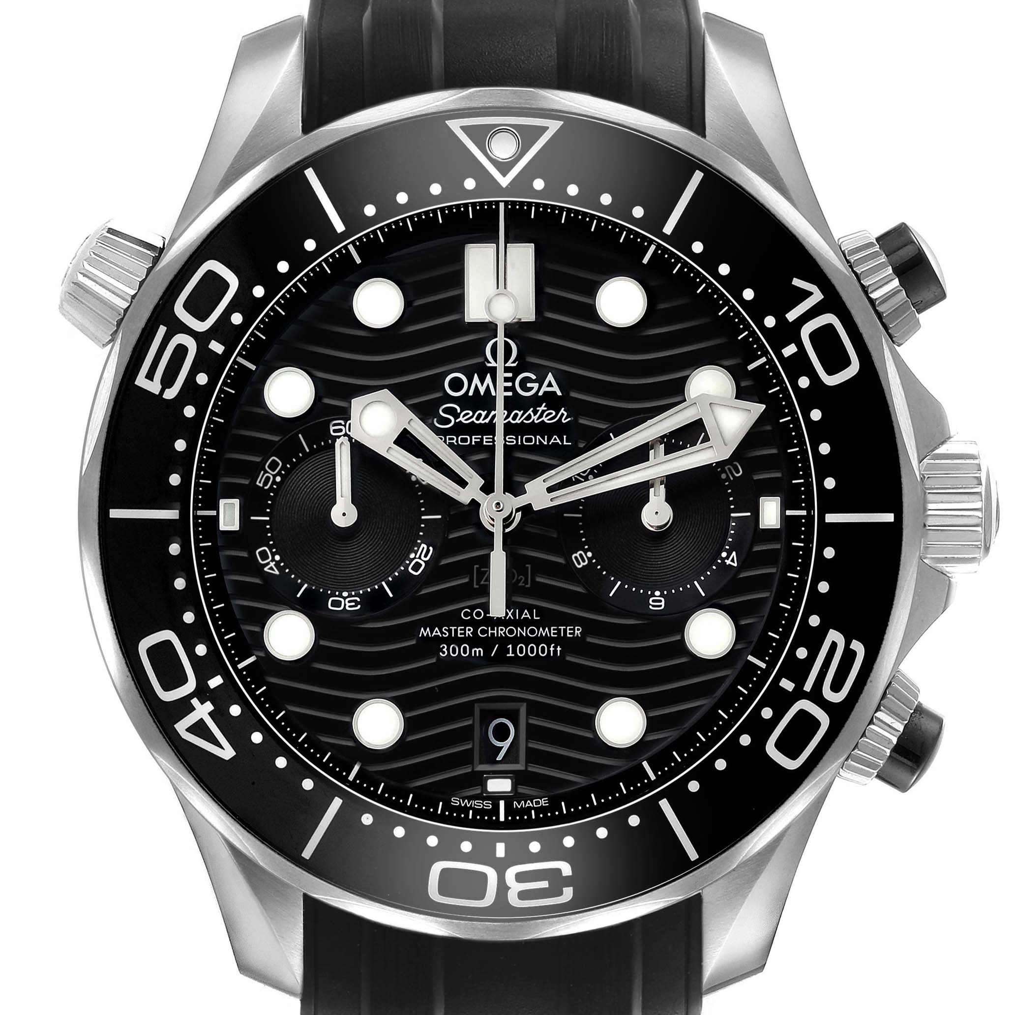 The Omega Seamaster 210.30.44.51.01.001 Men's Stainless Steel Black Dial watch is shown from the front, highlighting its dial, bezel, and subdials.
