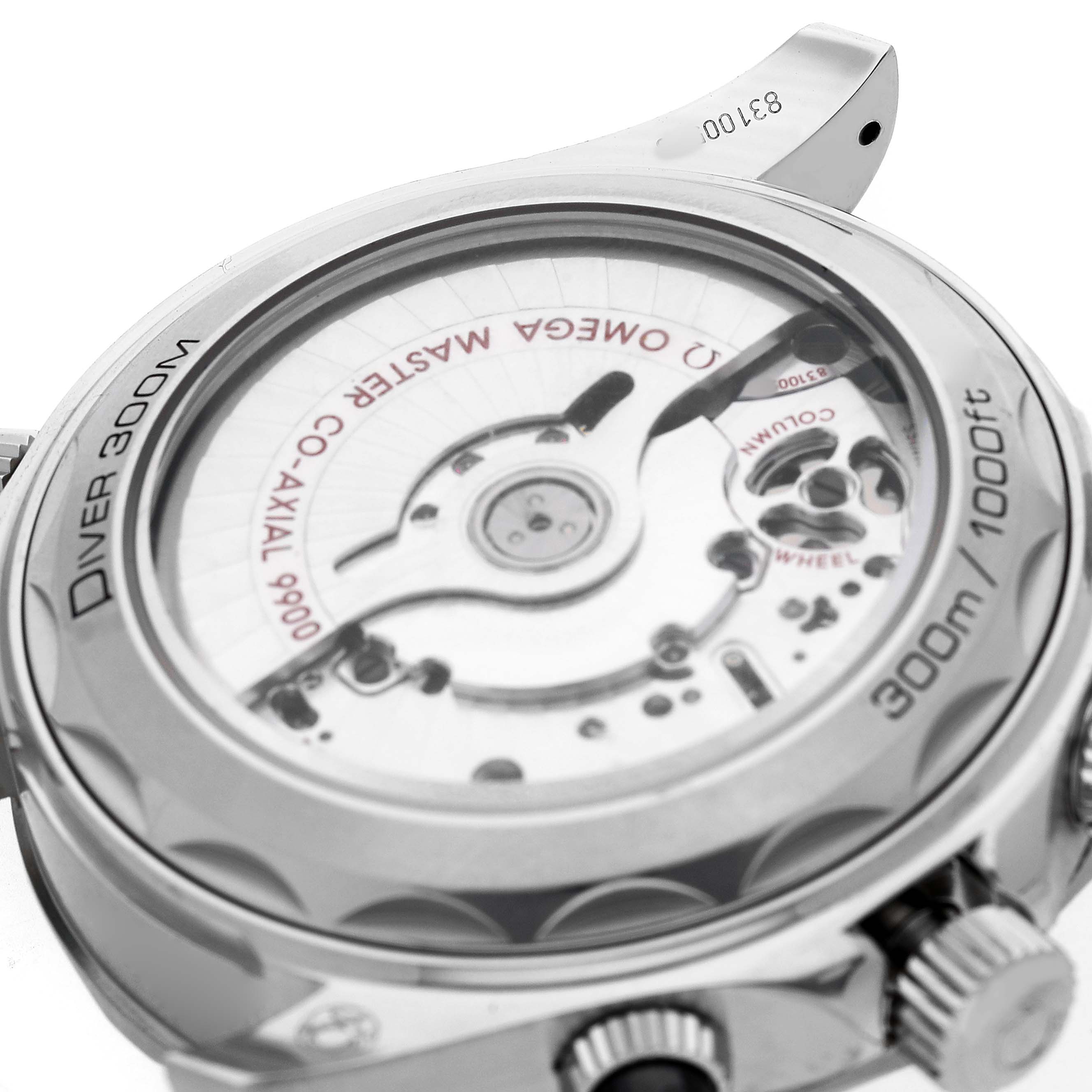 The image shows the back case of an Omega Seamaster 210.30.44.51.01.001 Men's Stainless Steel Black Dial, highlighting the transparent case back and visible movement.
