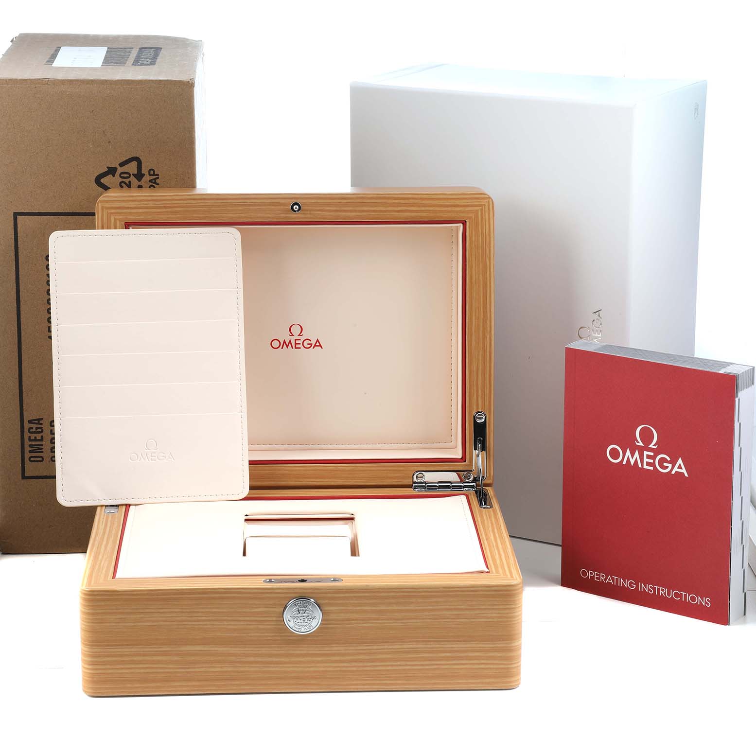 The image shows an Omega Seamaster 210.30.44.51.01.001 Men's Stainless Steel Black Dial box with operating instructions and packaging from a front angle.