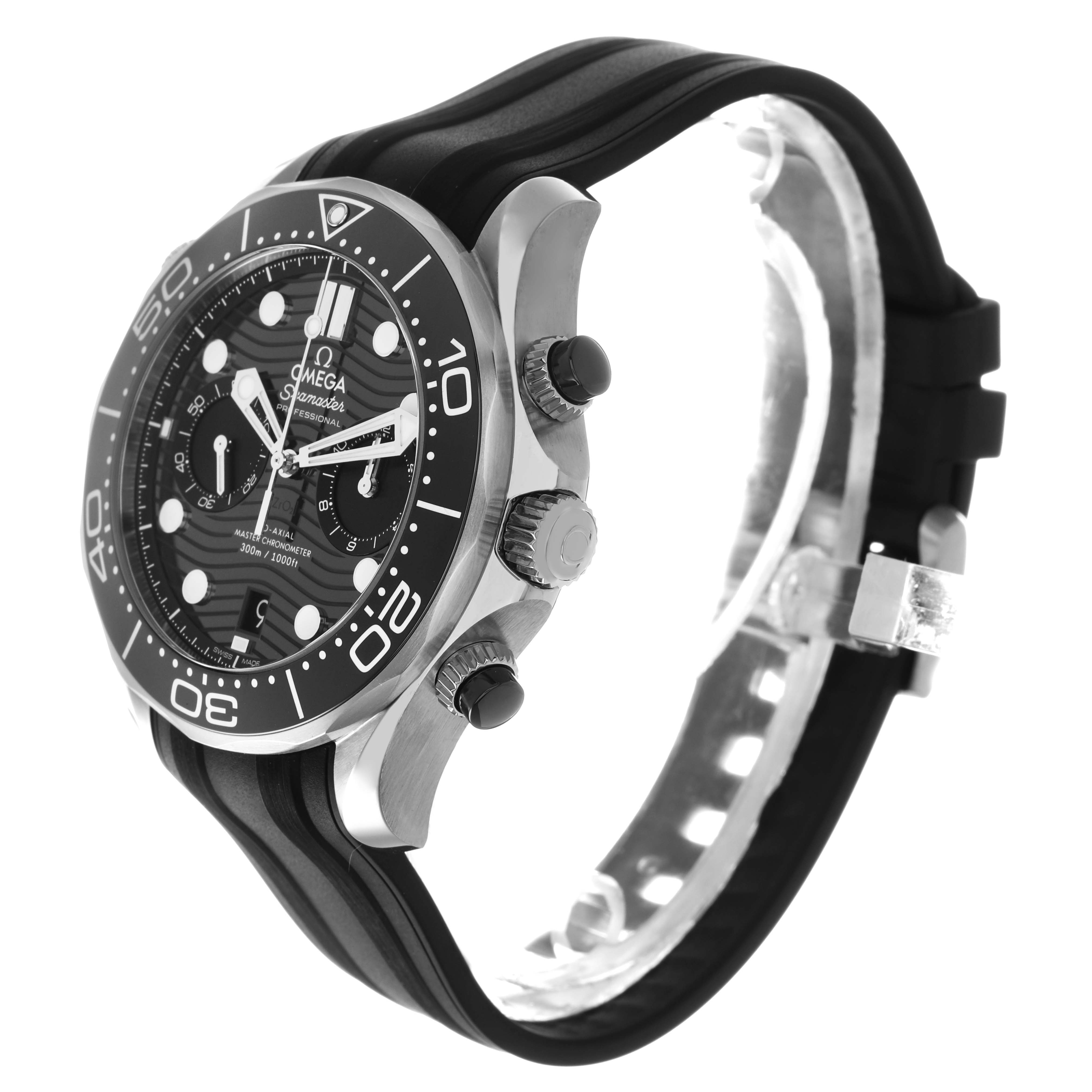 The Omega Seamaster 210.30.44.51.01.001 Men's Stainless Steel Black Dial watch is shown at a side angle, highlighting the case, bezel, crown, pushers, and strap.