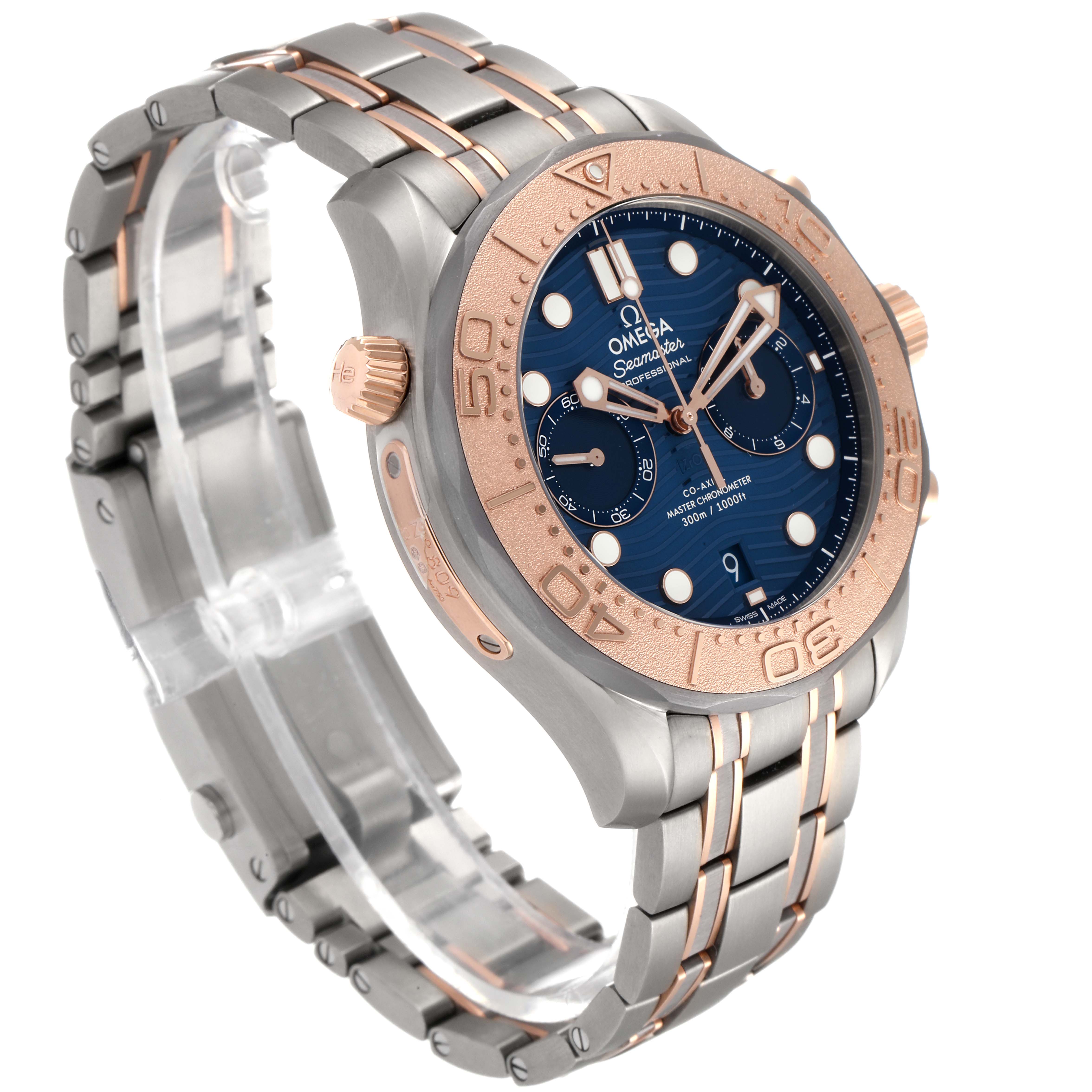 The image shows an angled view of the Omega Seamaster 210.60.44.51.03.001 Men's Titanium Blue Dial 210.60.44.51.03.001 Men's Titanium Blue Dial watch, featuring the face, bezel, crown, and metal bracelet.