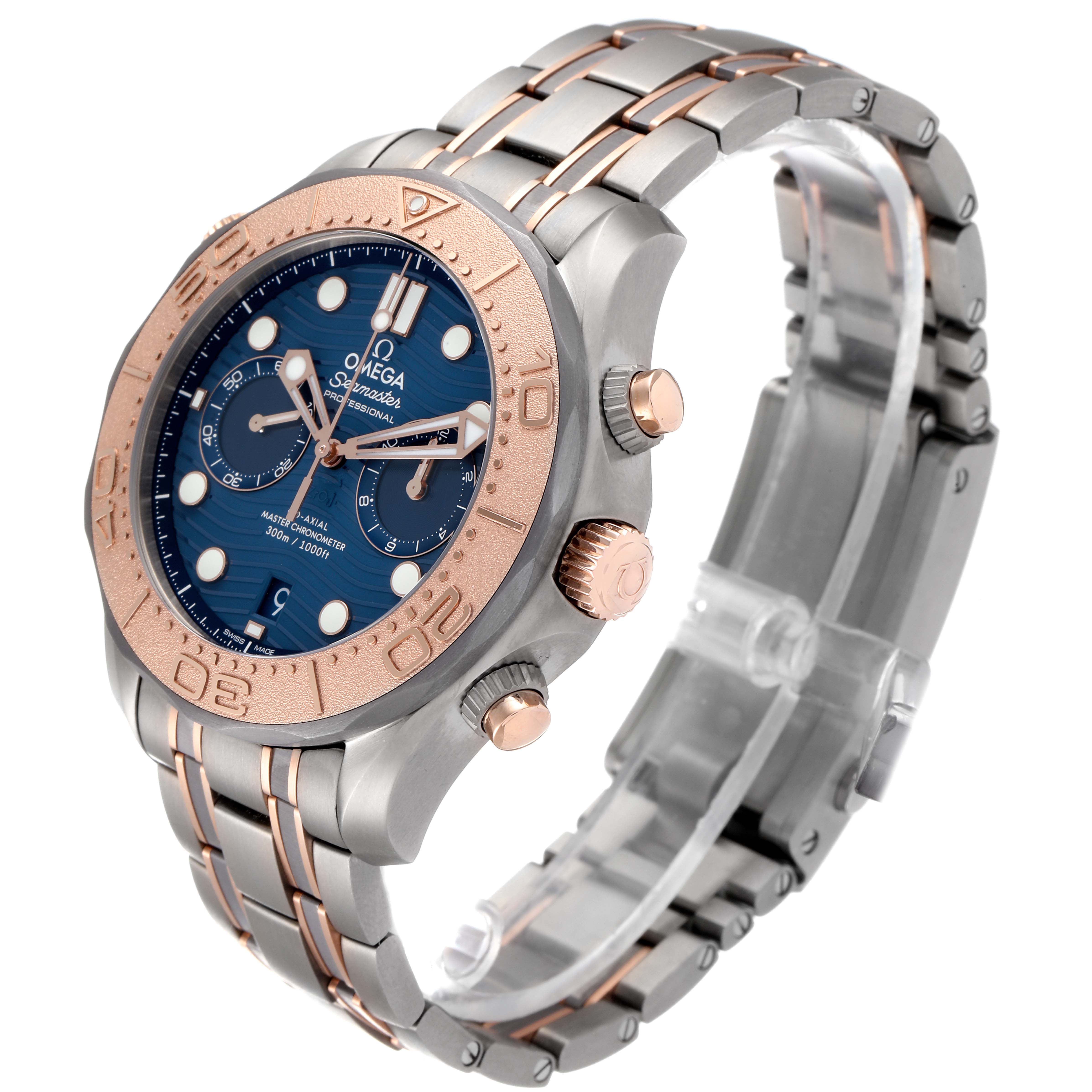This image shows an Omega Seamaster 210.60.44.51.03.001 Men's Titanium Blue Dial 210.60.44.51.03.001 Men's Titanium Blue Dial watch at a three-quarter angle, highlighting the bezel, dial, crown, pushers, and bracelet.