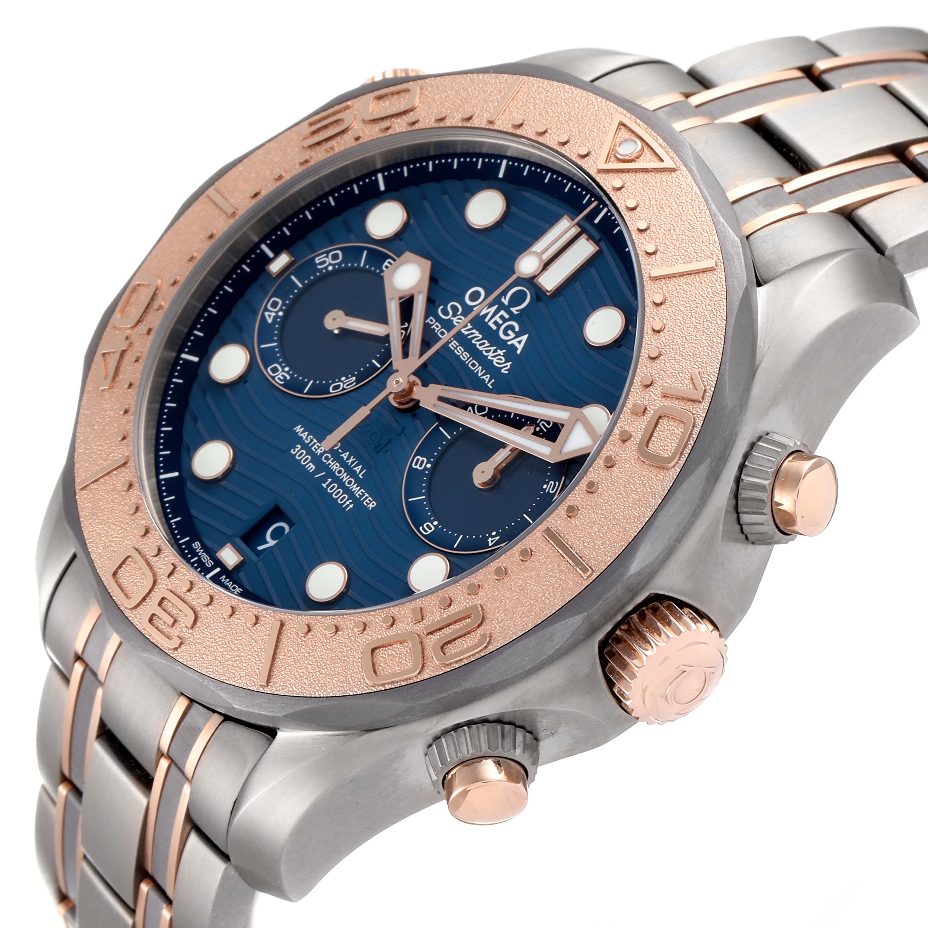 The Omega Seamaster 210.60.44.51.03.001 Men's Titanium Blue Dial 210.60.44.51.03.001 Men's Titanium Blue Dial watch is shown at a slight angle, highlighting the case, bezel, crown, and part of the bracelet.