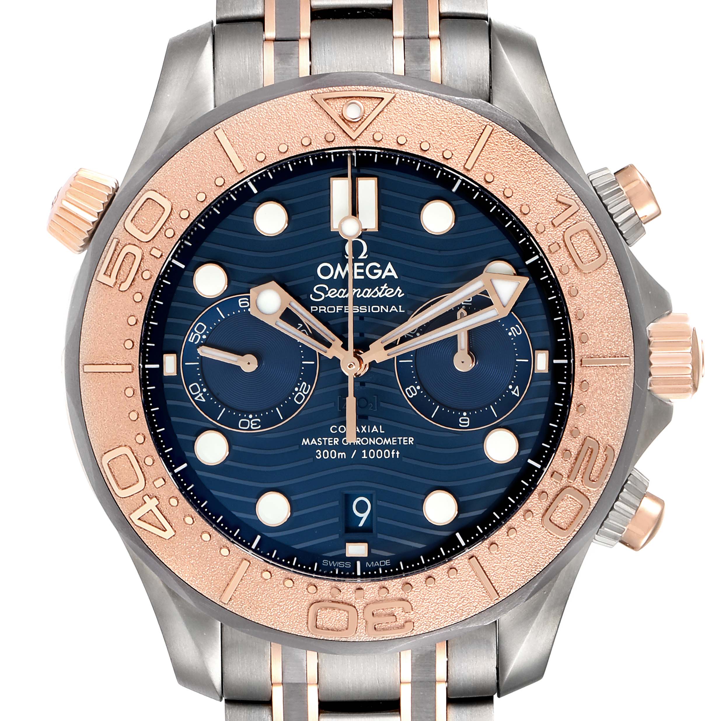 The image shows the face of an Omega Seamaster 210.60.44.51.03.001 Men's Titanium Blue Dial 210.60.44.51.03.001 Men's Titanium Blue Dial watch, highlighting its blue dial, chronograph subdials, and two-tone metal bezel and bracelet.