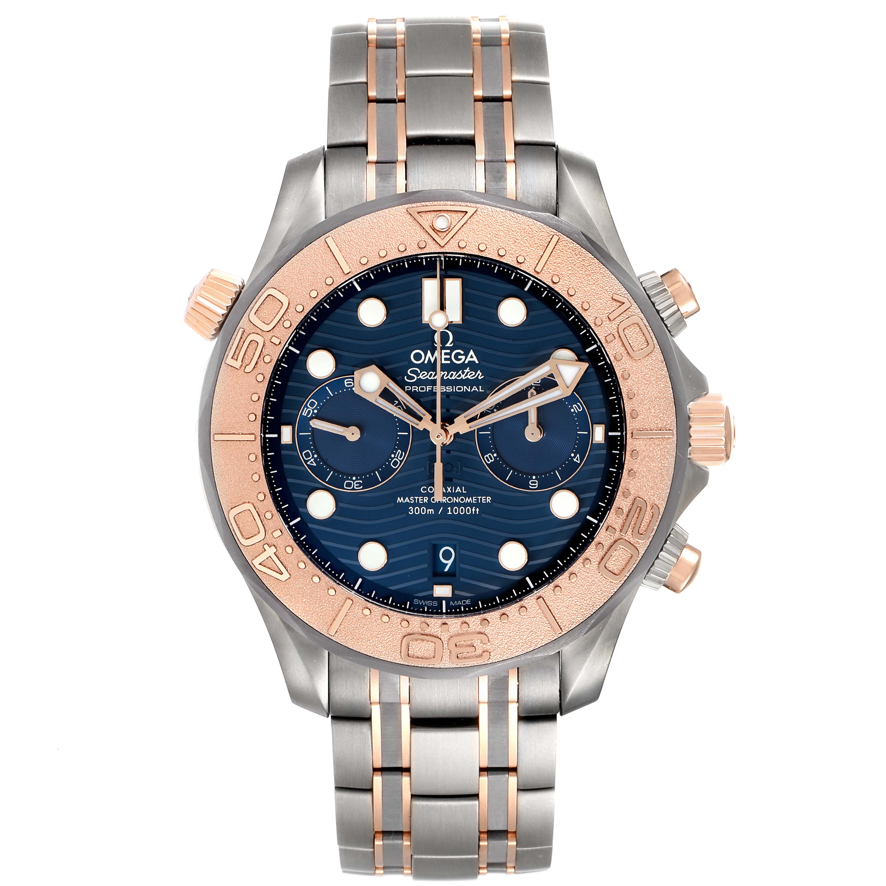 The image shows a front view of an Omega Seamaster 210.60.44.51.03.001 Men's Titanium Blue Dial 210.60.44.51.03.001 Men's Titanium Blue Dial watch, highlighting the bezel, dial, and bracelet.