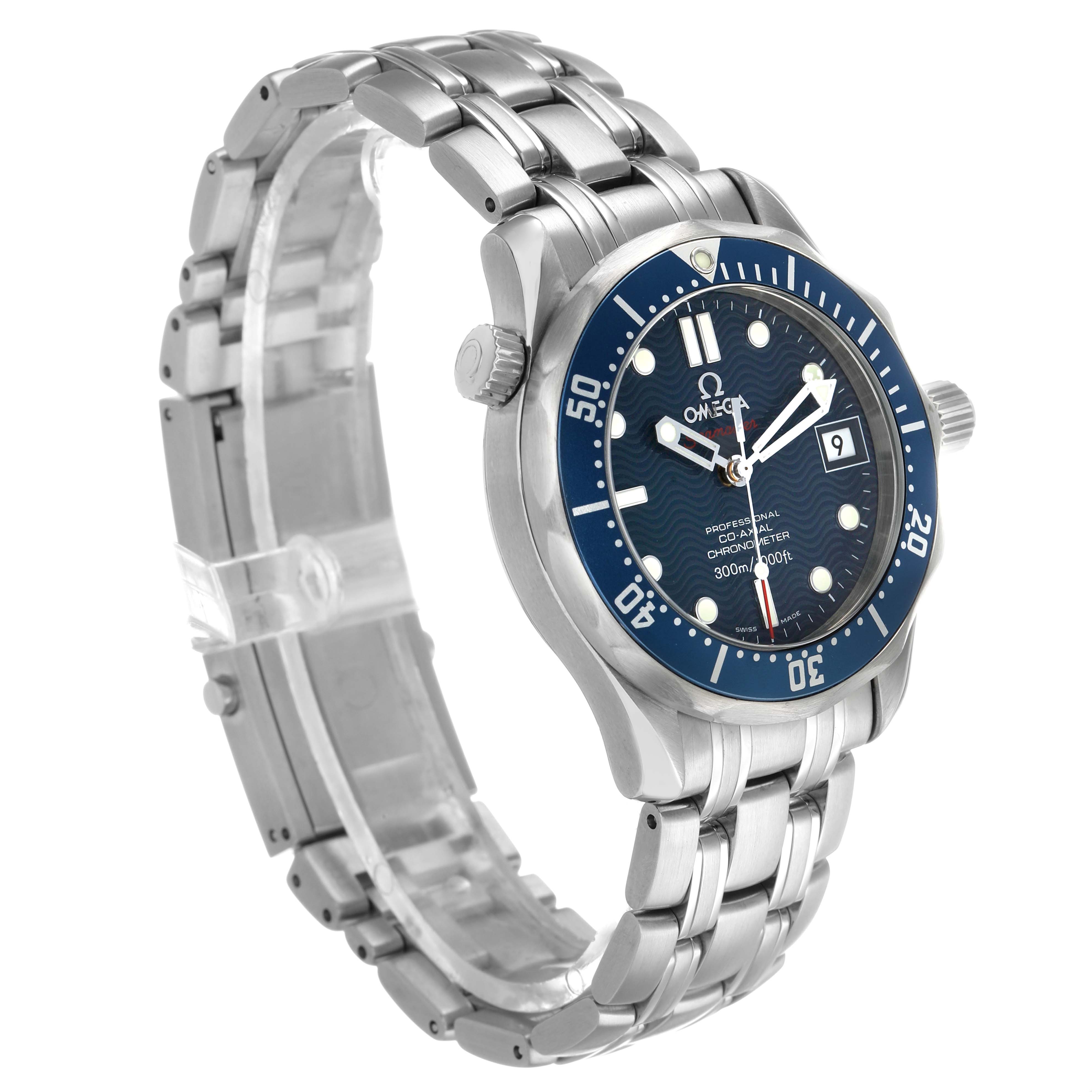 The Omega Seamaster 2222.80.00 Men's Stainless Steel Blue Dial watch is shown at a three-quarter angle, displaying the face, bezel, crown, and metal bracelet.