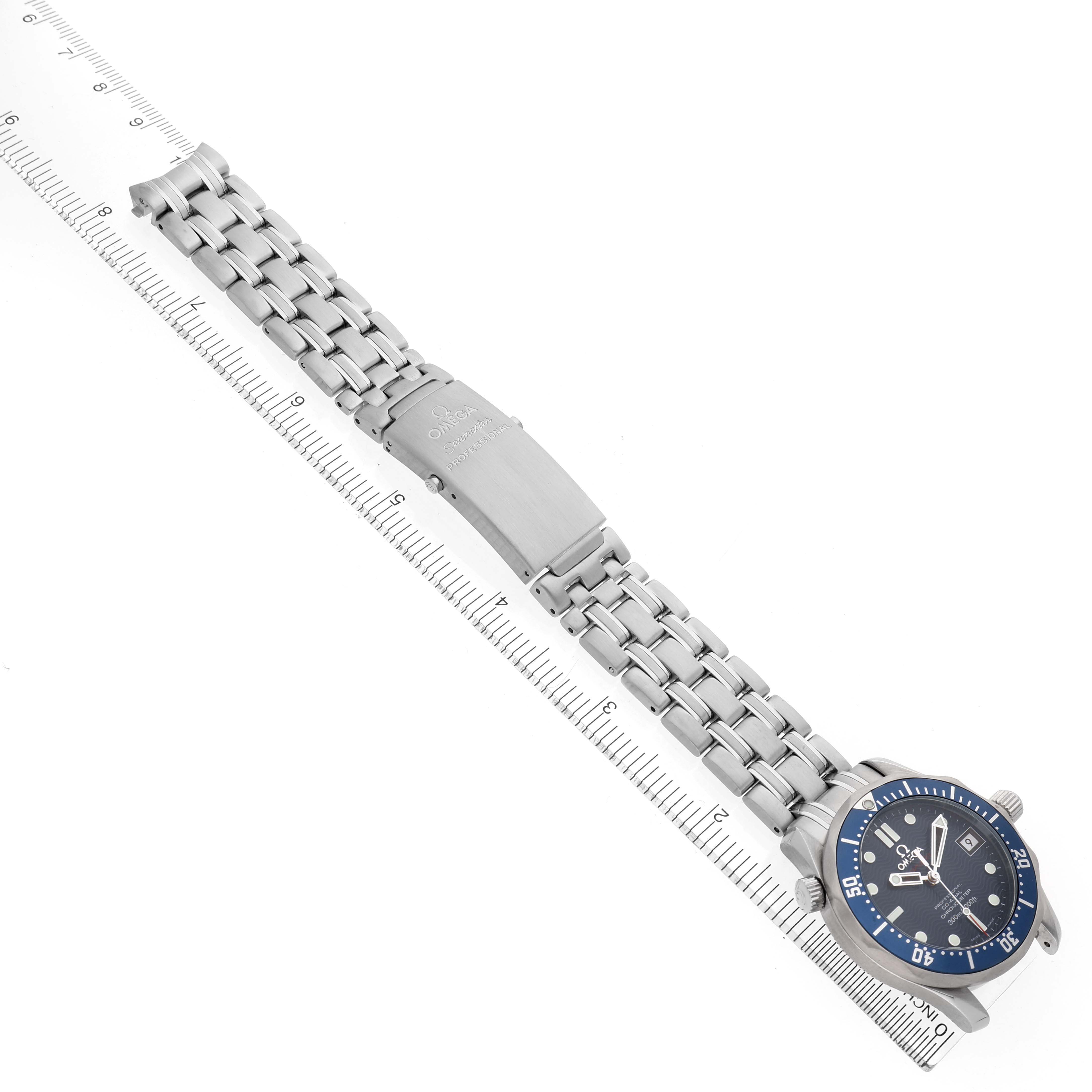 The Omega Seamaster 2222.80.00 Men's Stainless Steel Blue Dial watch is pictured at an angled top view, highlighting its dial, bezel, and metal bracelet.