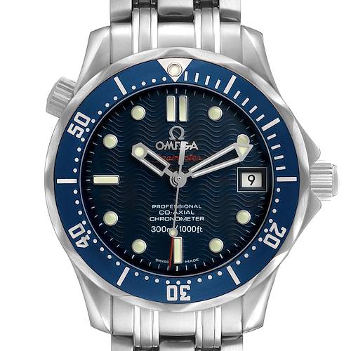 The Omega Seamaster 2222.80.00 Men's Stainless Steel Blue Dial watch is shown from the front, displaying its dial, bezel, bracelet, and crown.