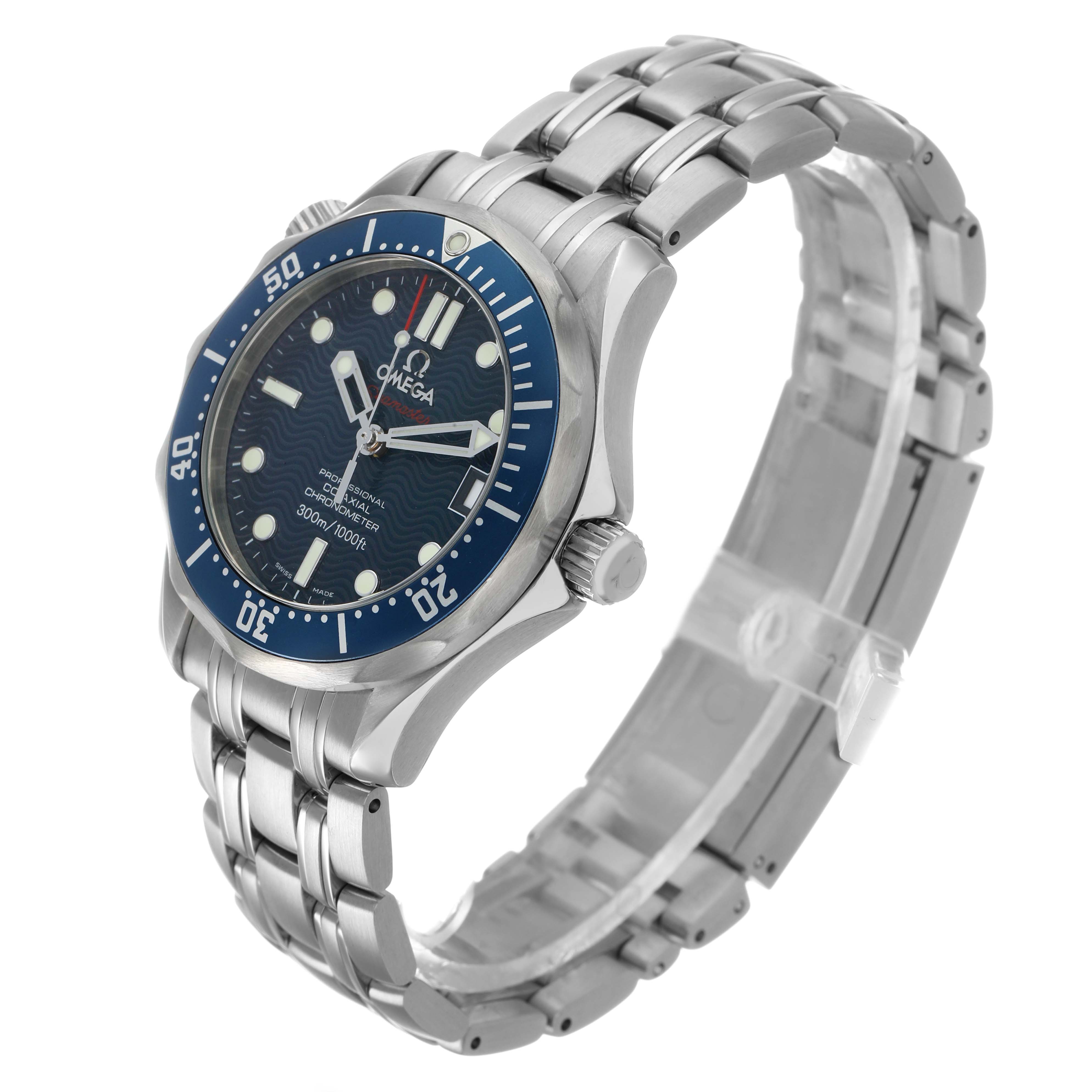 The Omega Seamaster 2222.80.00 Men's Stainless Steel Blue Dial watch is shown at a three-quarter angle, highlighting its bezel, dial, crown, and bracelet.