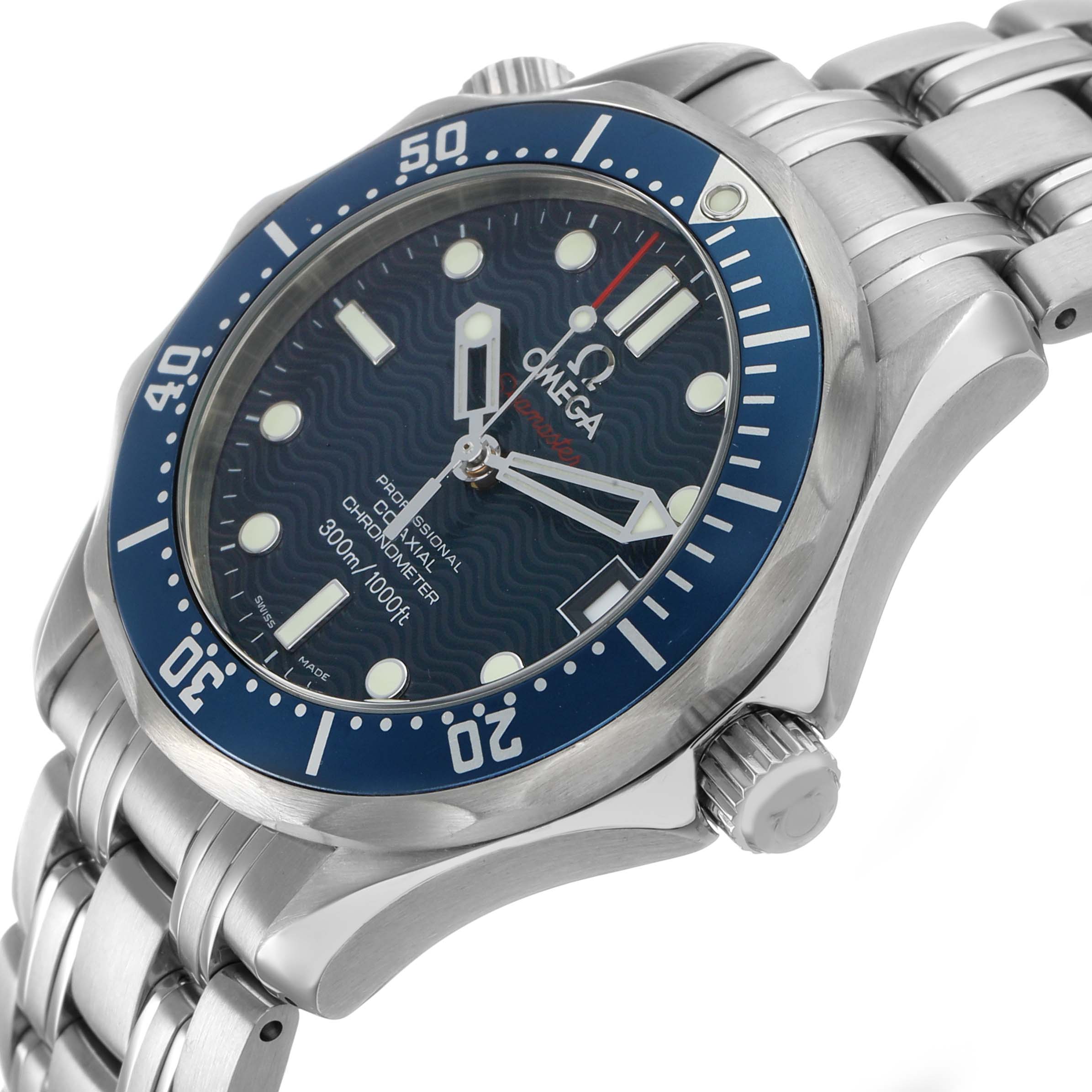 The Omega Seamaster 2222.80.00 Men's Stainless Steel Blue Dial watch is shown at an angle highlighting its face, blue bezel, and stainless steel bracelet, with a clear view of the crown.