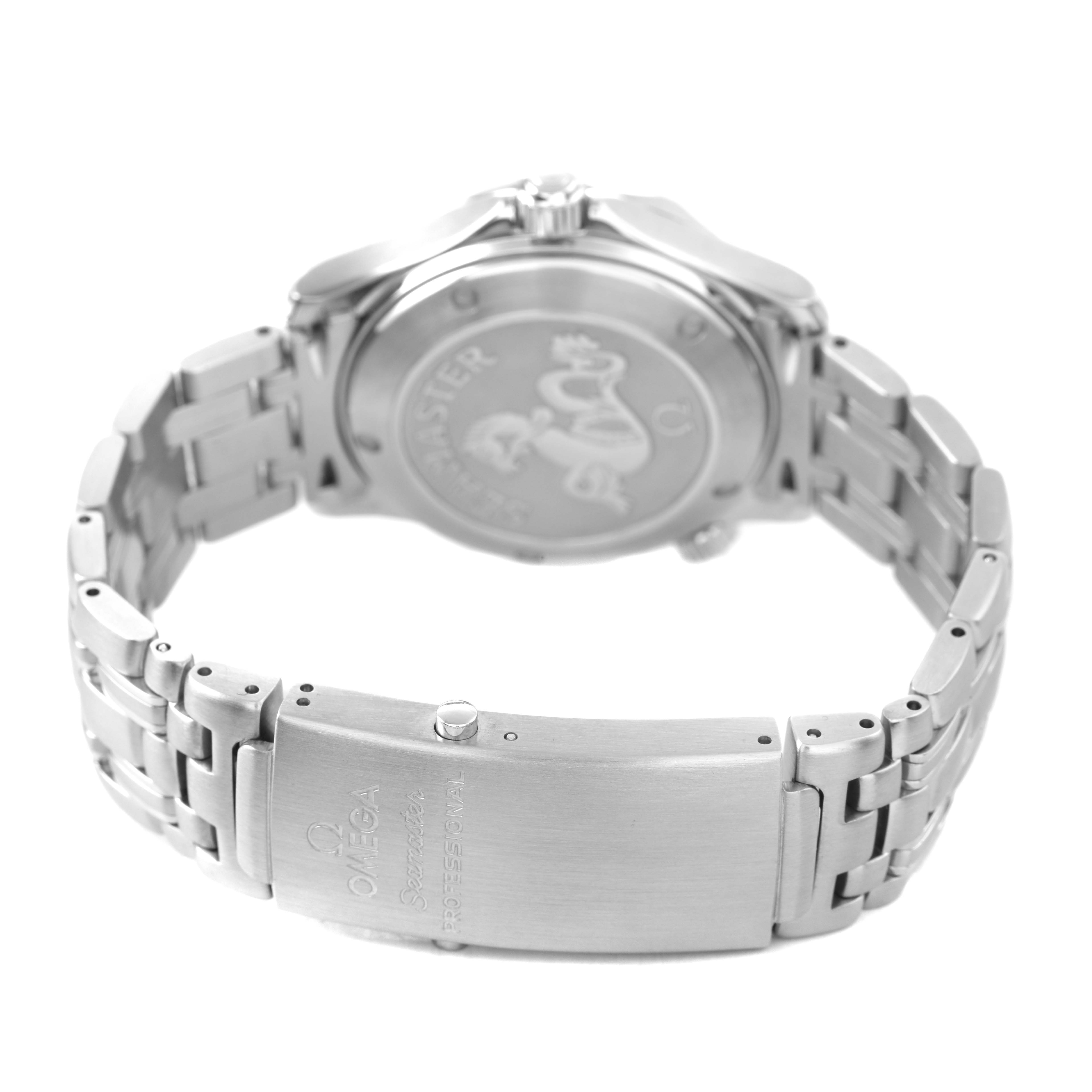 The image shows the back and bracelet of the Omega Seamaster 2222.80.00 Men's Stainless Steel Blue Dial watch, highlighting the clasp and case back detailing.