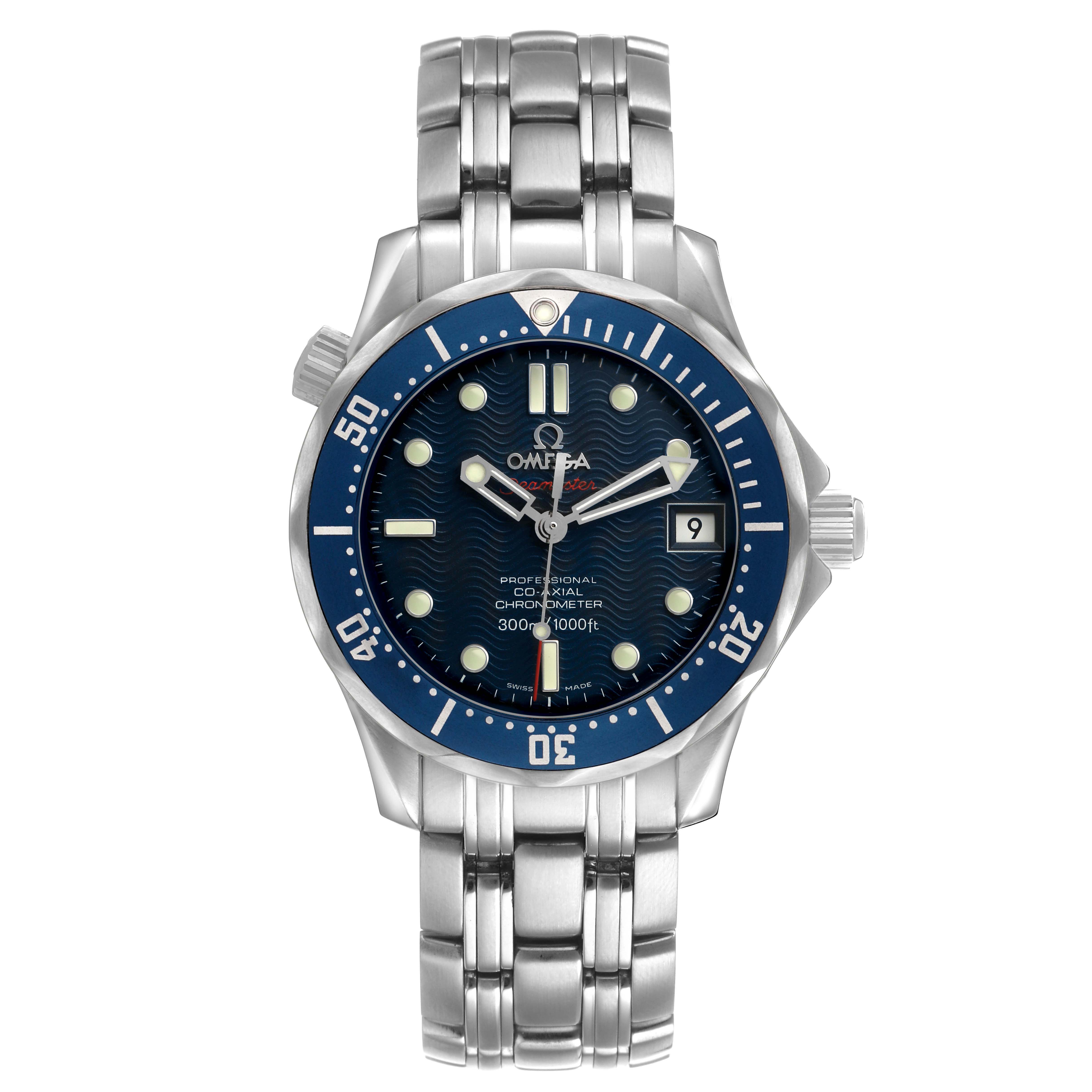 The Omega Seamaster 2222.80.00 Men's Stainless Steel Blue Dial watch is shown from a top-down angle, displaying its face, bezel, and metal bracelet.