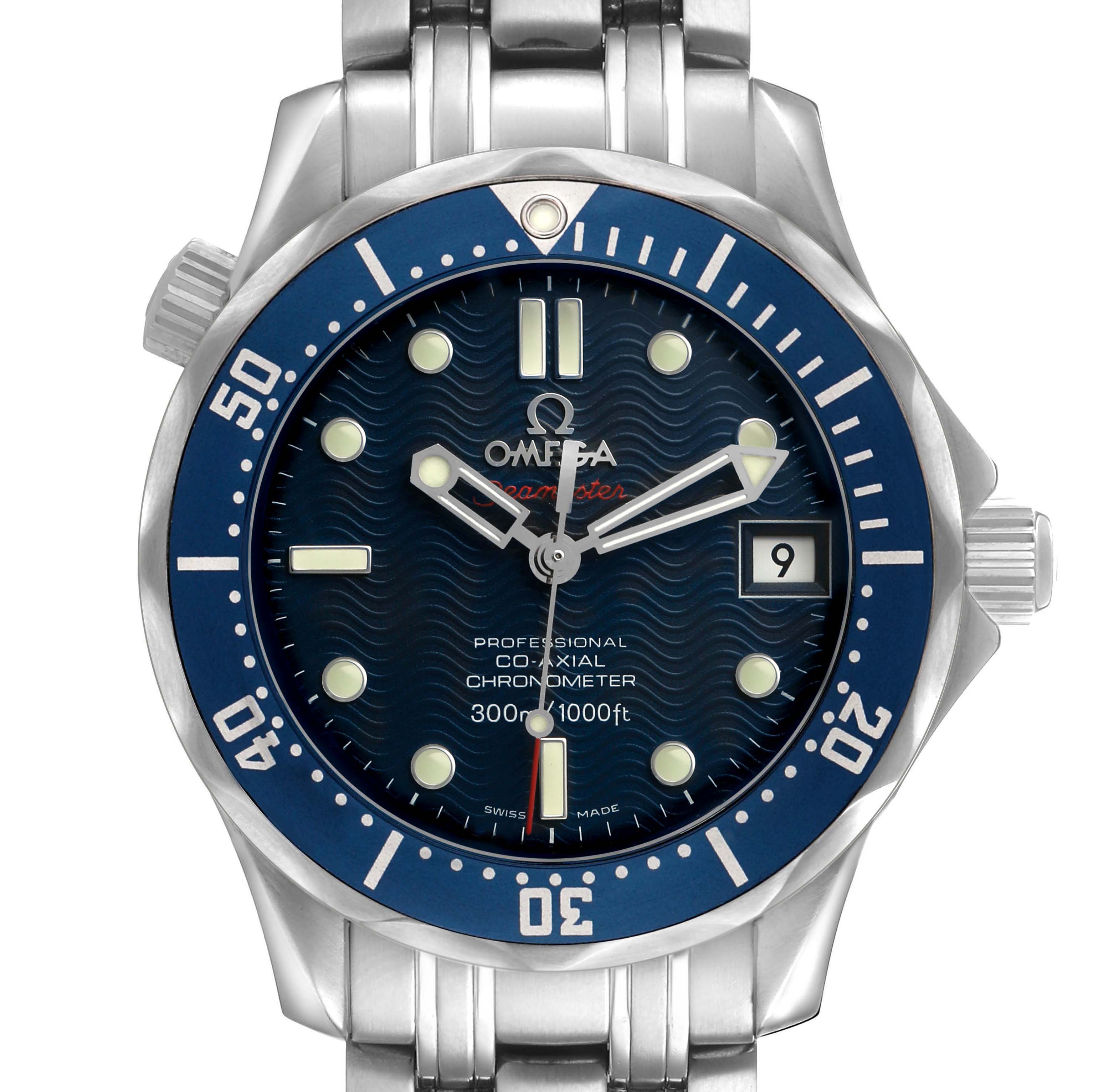 The image shows a front view of the Omega Seamaster 2222.80.00 Men's Stainless Steel Blue Dial watch, highlighting the dial, bezel, and bracelet.