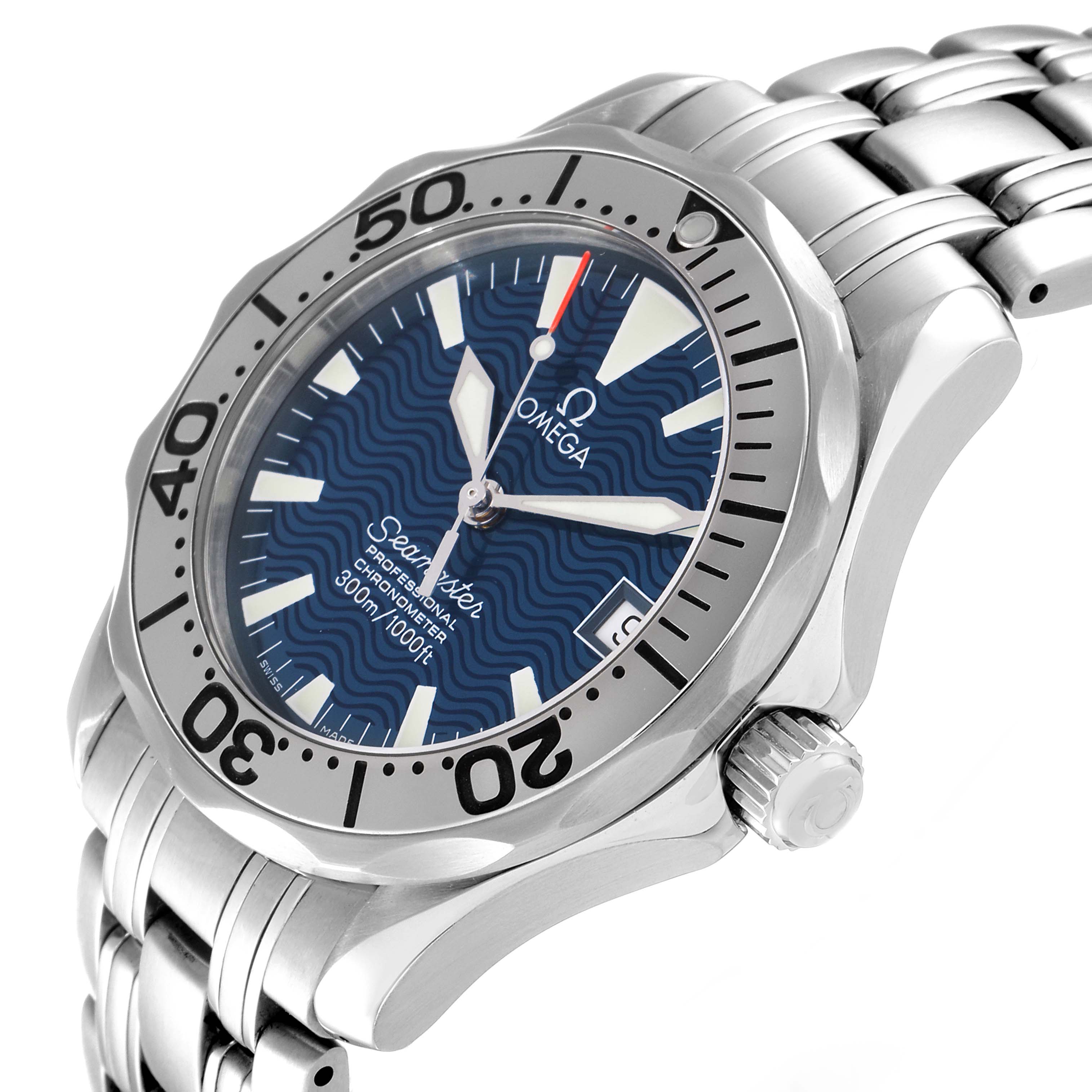 This image shows an angled view of an Omega Seamaster 2554.80.00 Men's Stainless Steel Blue Dial 2554.80.00 Men's Stainless Steel Blue Dial watch, featuring its bezel, dial, crown, and part of its bracelet.