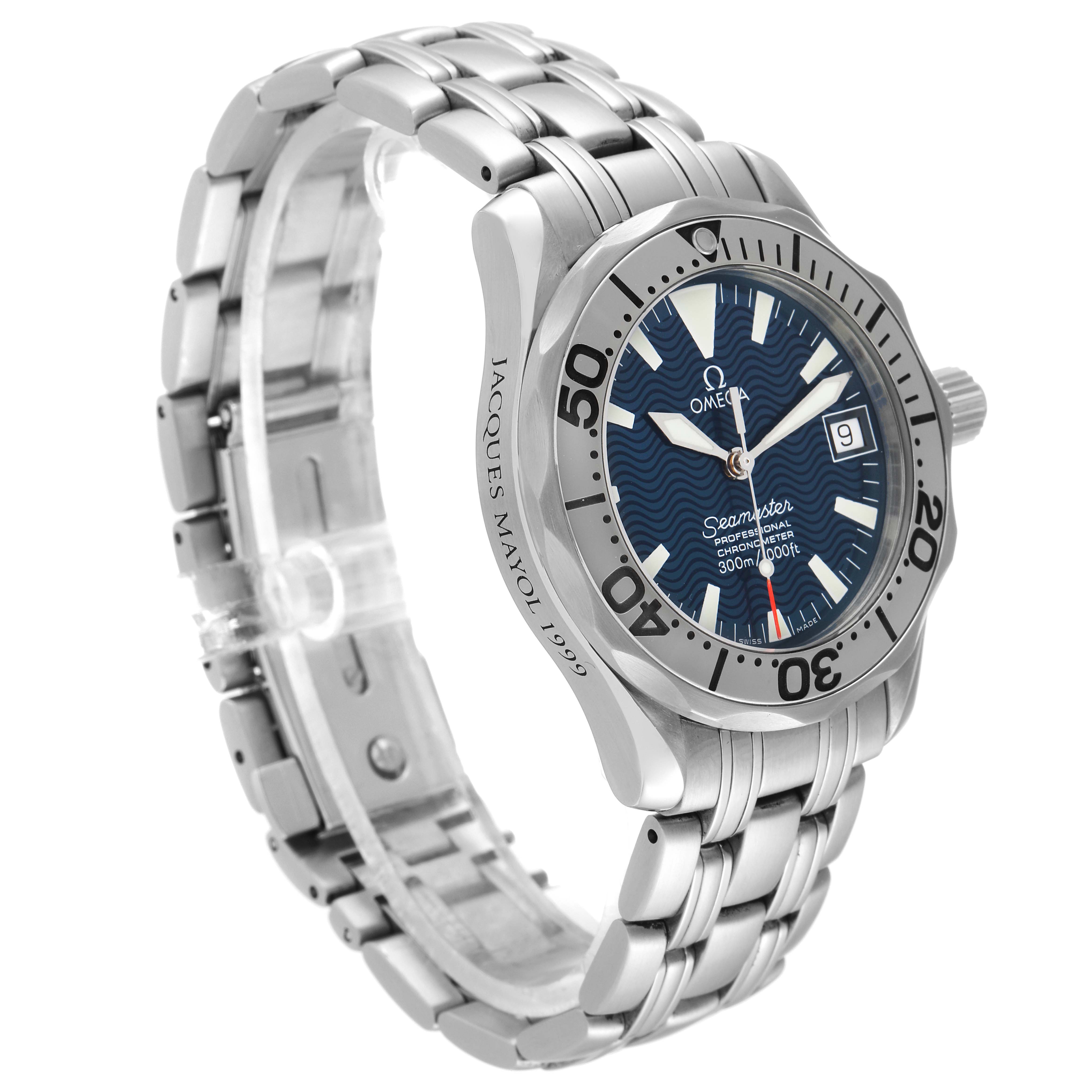 The Omega Seamaster 2554.80.00 Men's Stainless Steel Blue Dial 2554.80.00 Men's Stainless Steel Blue Dial watch is shown at a three-quarter angle, highlighting its bracelet, bezel, dial, and crown.
