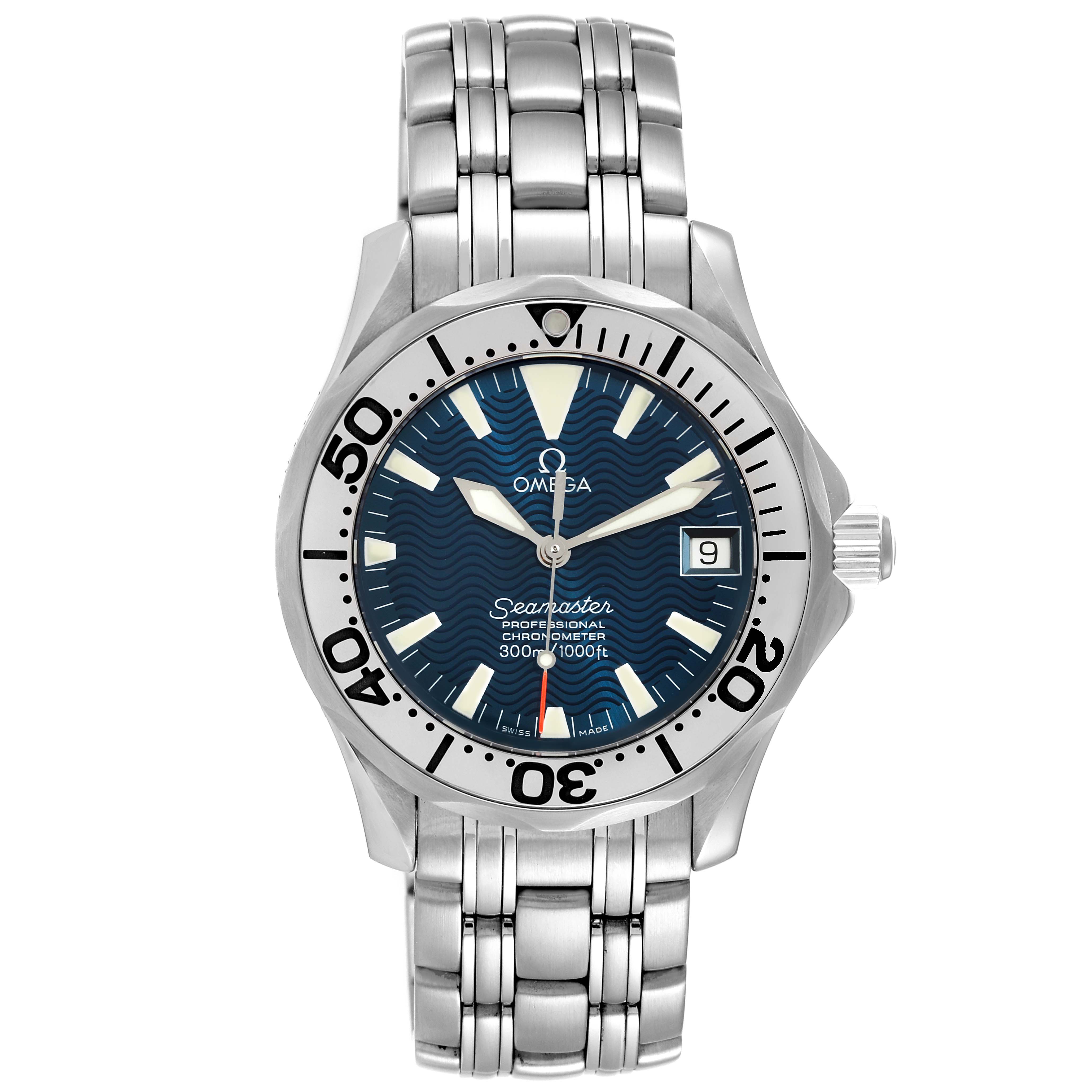 The image shows a full frontal view of the Omega Seamaster 2554.80.00 Men's Stainless Steel Blue Dial 2554.80.00 Men's Stainless Steel Blue Dial watch, highlighting its face, bezel, and stainless steel bracelet.