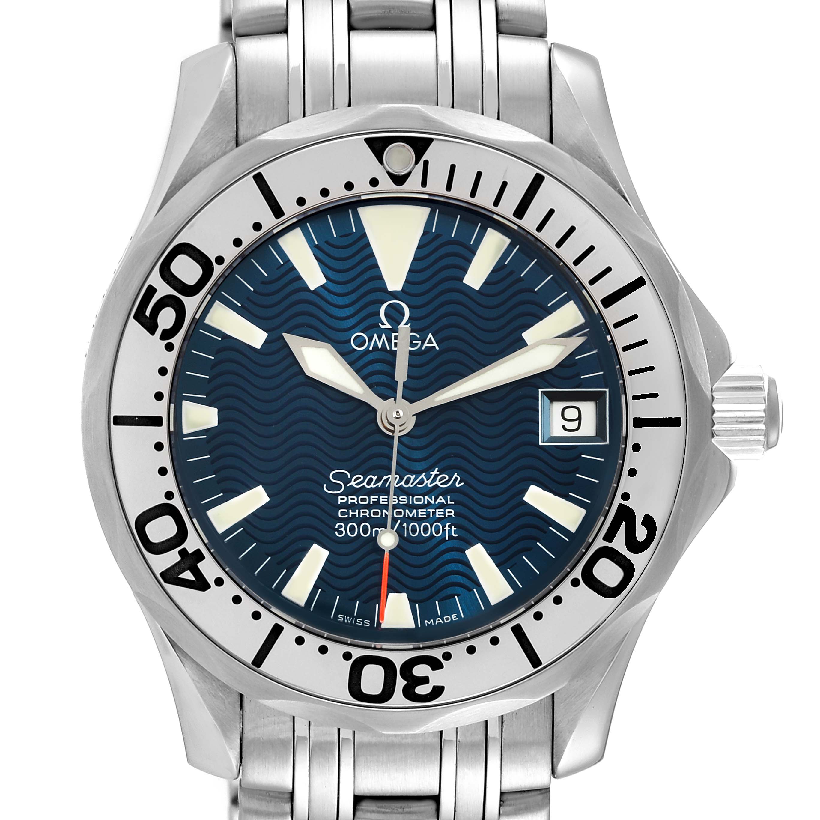 The Omega Seamaster 2554.80.00 Men's Stainless Steel Blue Dial 2554.80.00 Men's Stainless Steel Blue Dial watch is shown from a front-facing angle, detailing its blue dial, bezel, crown, and part of the stainless steel bracelet.