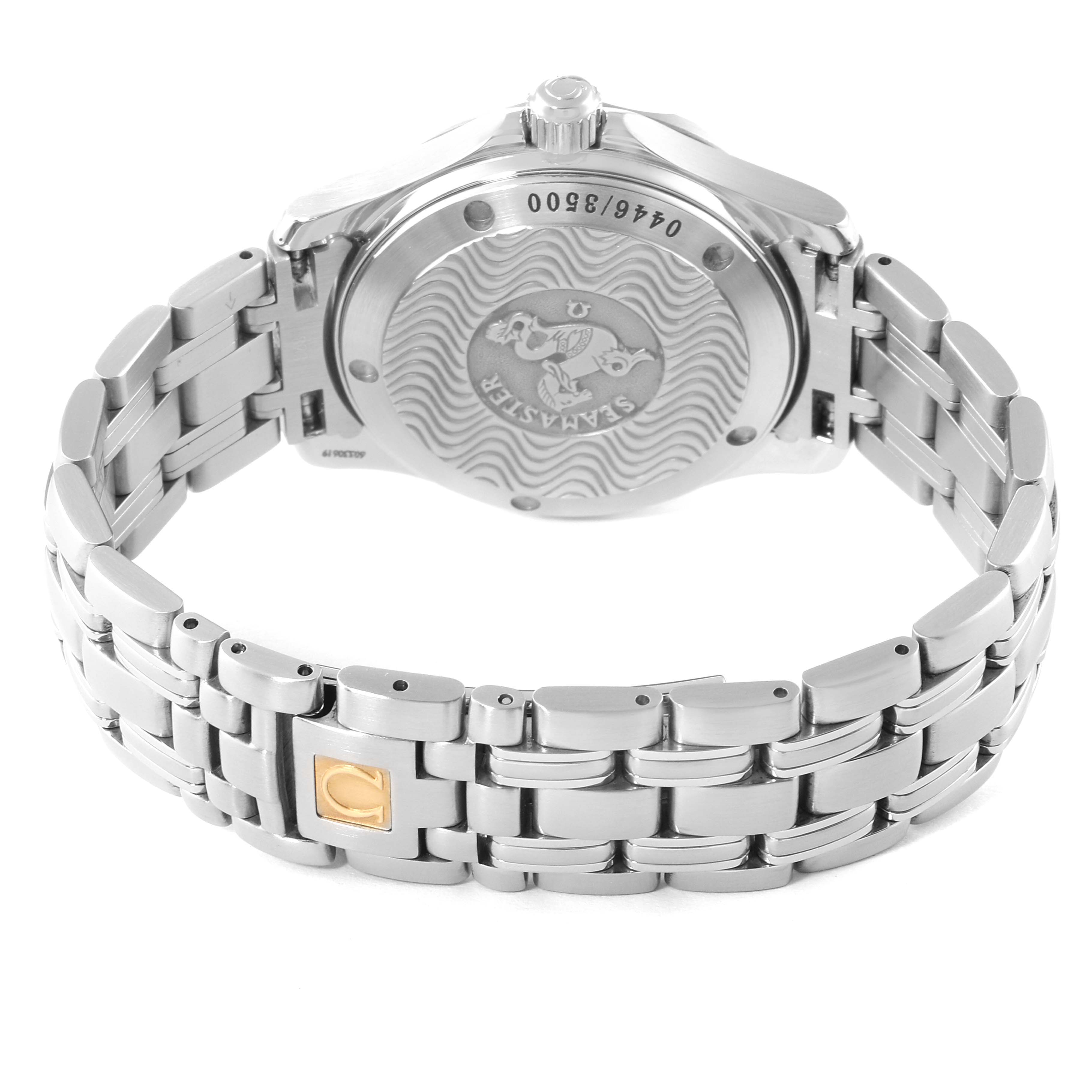 The image shows the back view of the Omega Seamaster 2554.80.00 Men's Stainless Steel Blue Dial 2554.80.00 Men's Stainless Steel Blue Dial watch, focusing on the case back and metal bracelet.