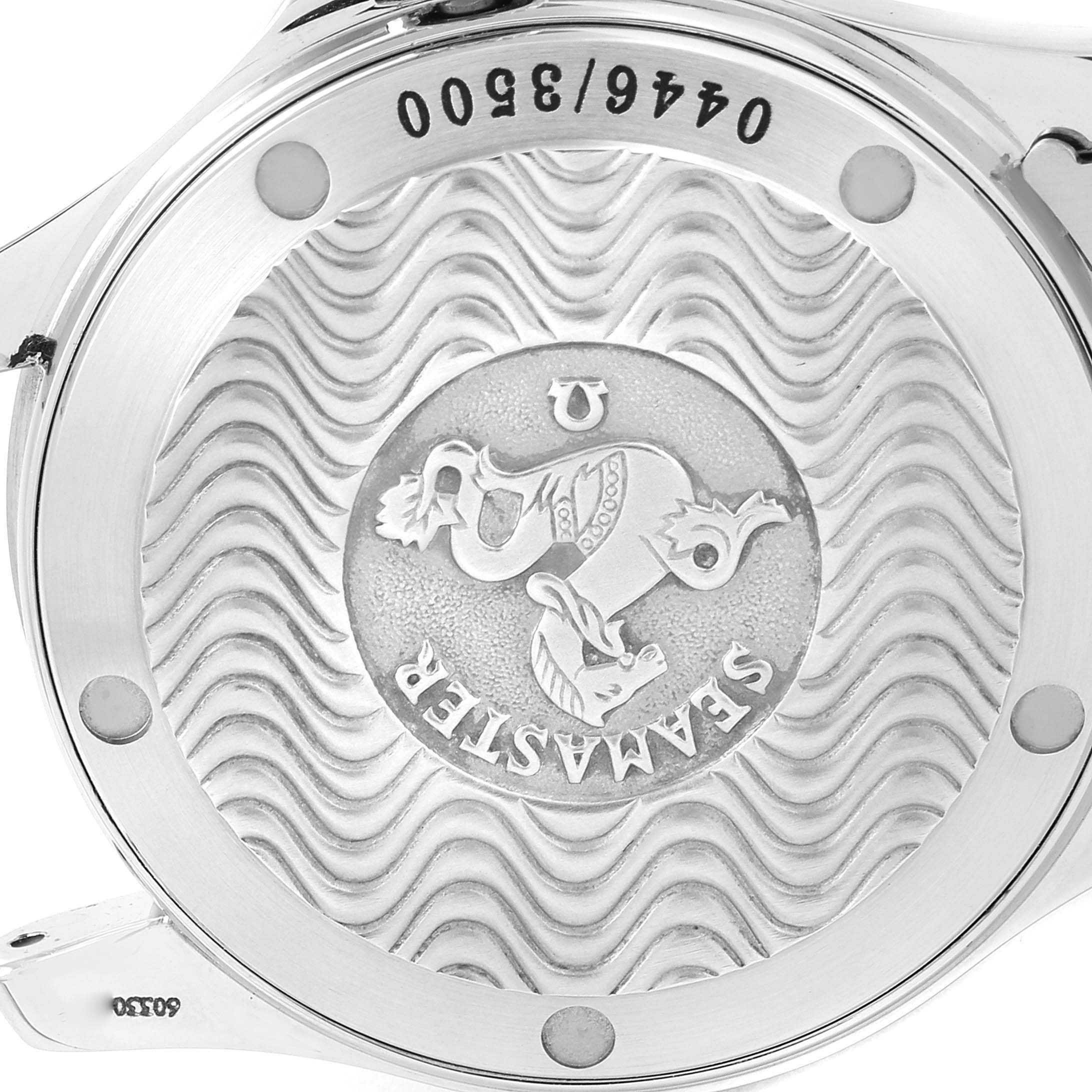 The image shows the back case of an Omega Seamaster 2554.80.00 Men's Stainless Steel Blue Dial 2554.80.00 Men's Stainless Steel Blue Dial watch, featuring its iconic wave design and engravings.