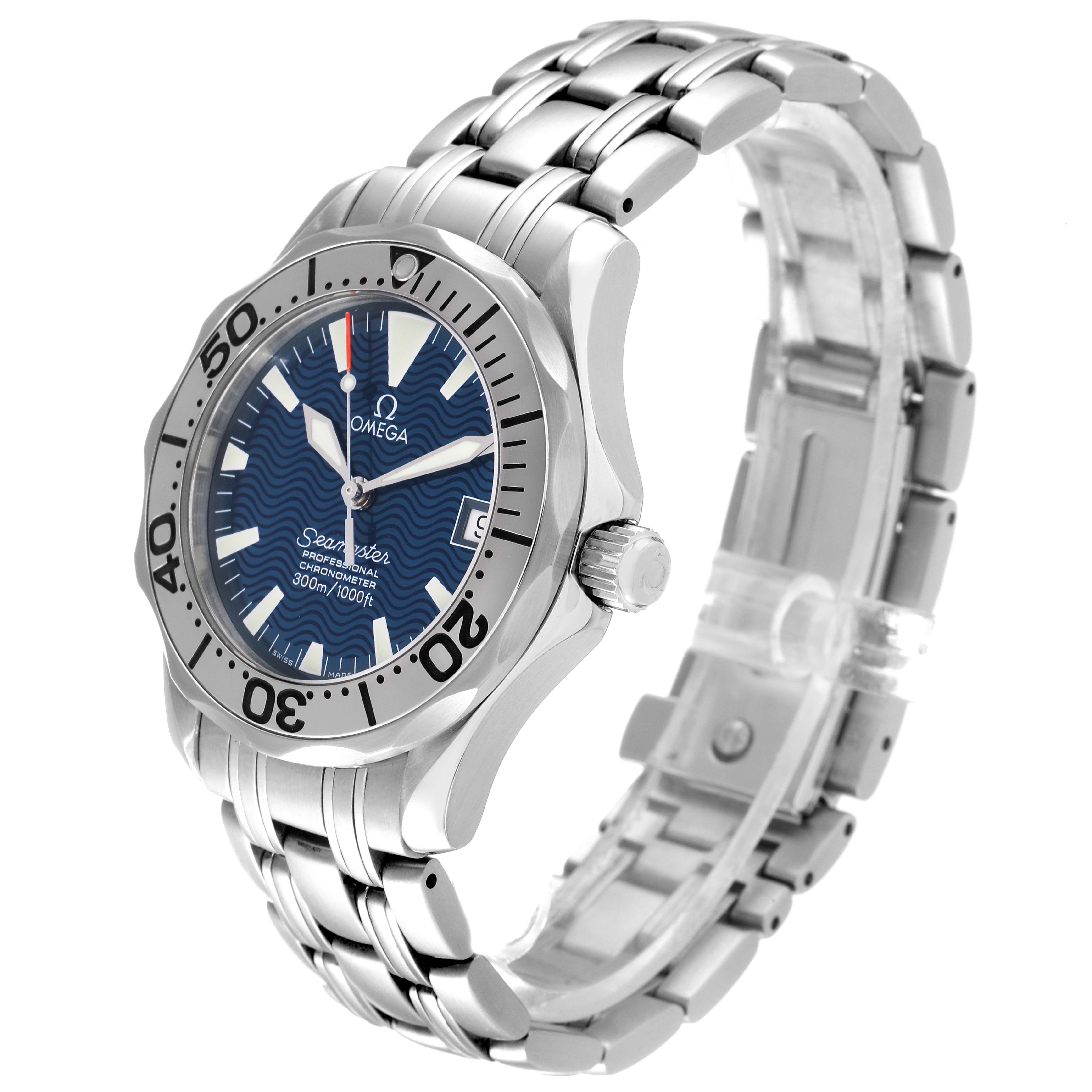 This image shows an Omega Seamaster 2554.80.00 Men's Stainless Steel Blue Dial 2554.80.00 Men's Stainless Steel Blue Dial watch at a three-quarter angle, highlighting the face, bezel, crown, and bracelet.