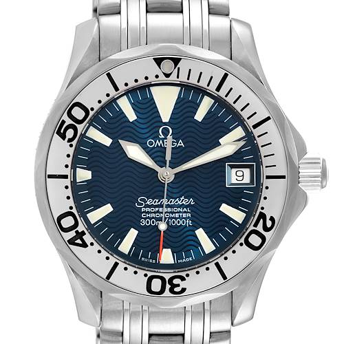 The image shows a front view of an Omega Seamaster watch, displaying its face, bezel, and part of the bracelet.