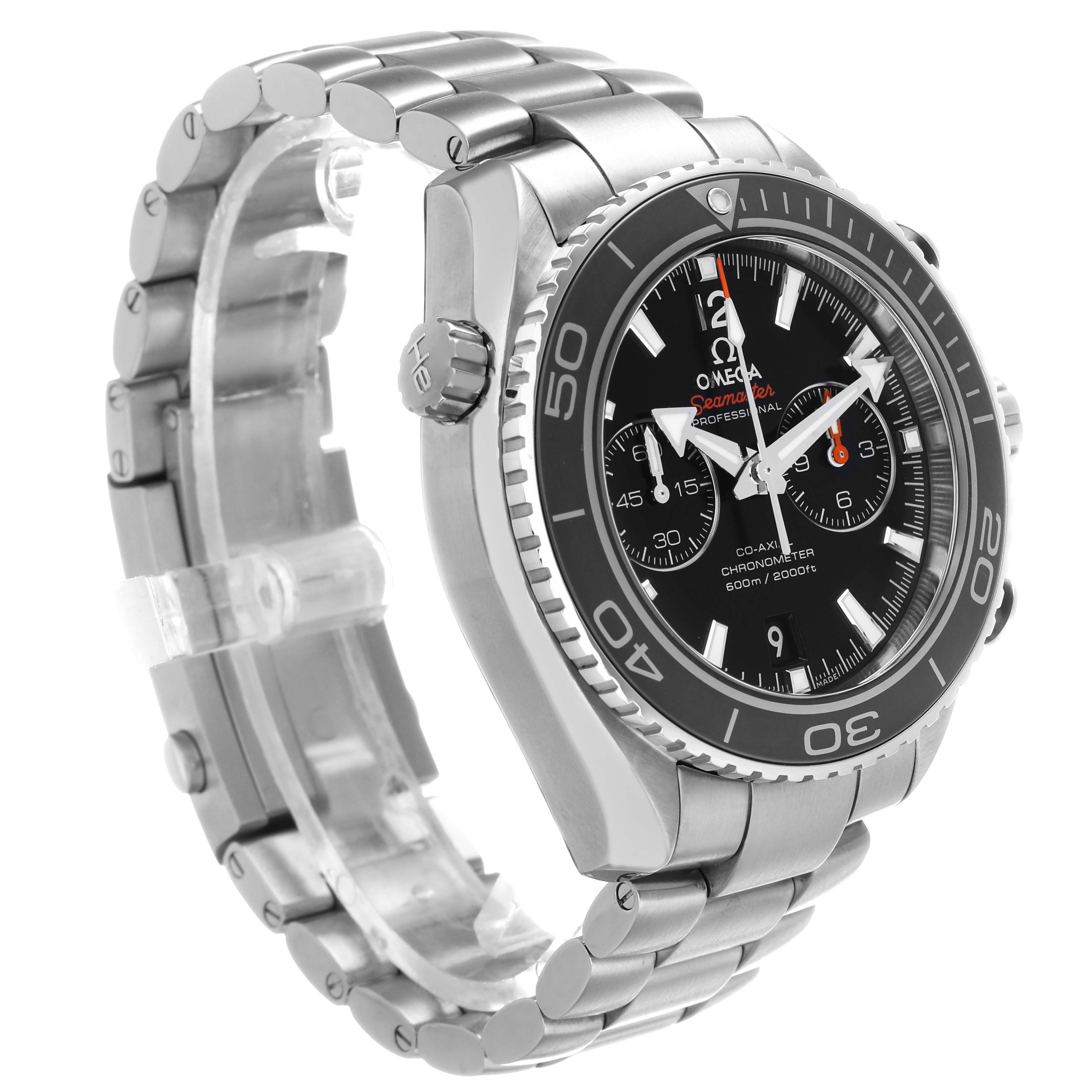 The Omega Seamaster 232.30.46.51.01.003 Men's Stainless Steel Black Dial watch is shown at a three-quarter angle, highlighting the face, bezel, crown, and bracelet.