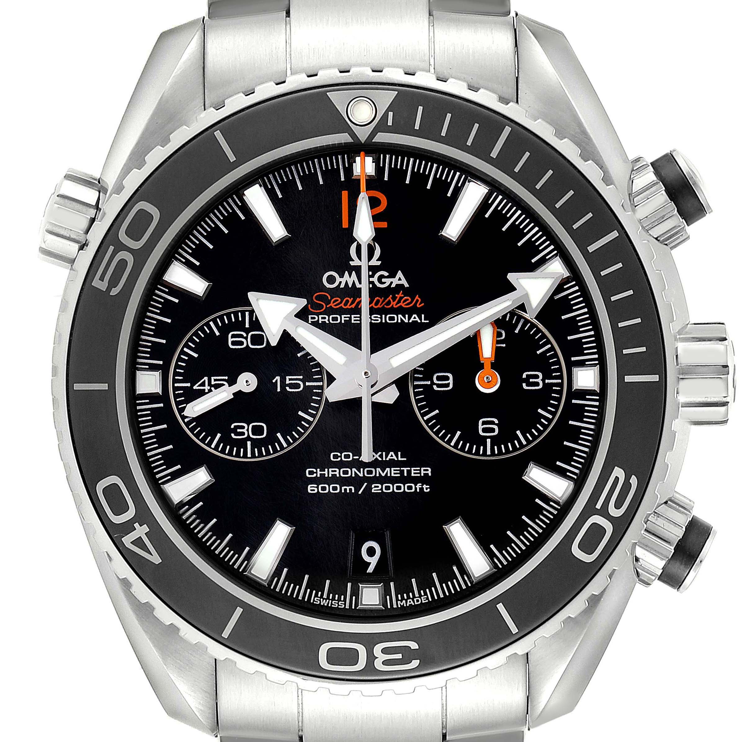 The Omega Seamaster 232.30.46.51.01.003 Men's Stainless Steel Black Dial watch is shown from a front angle, highlighting the dial, bezel, and chronograph subdials.