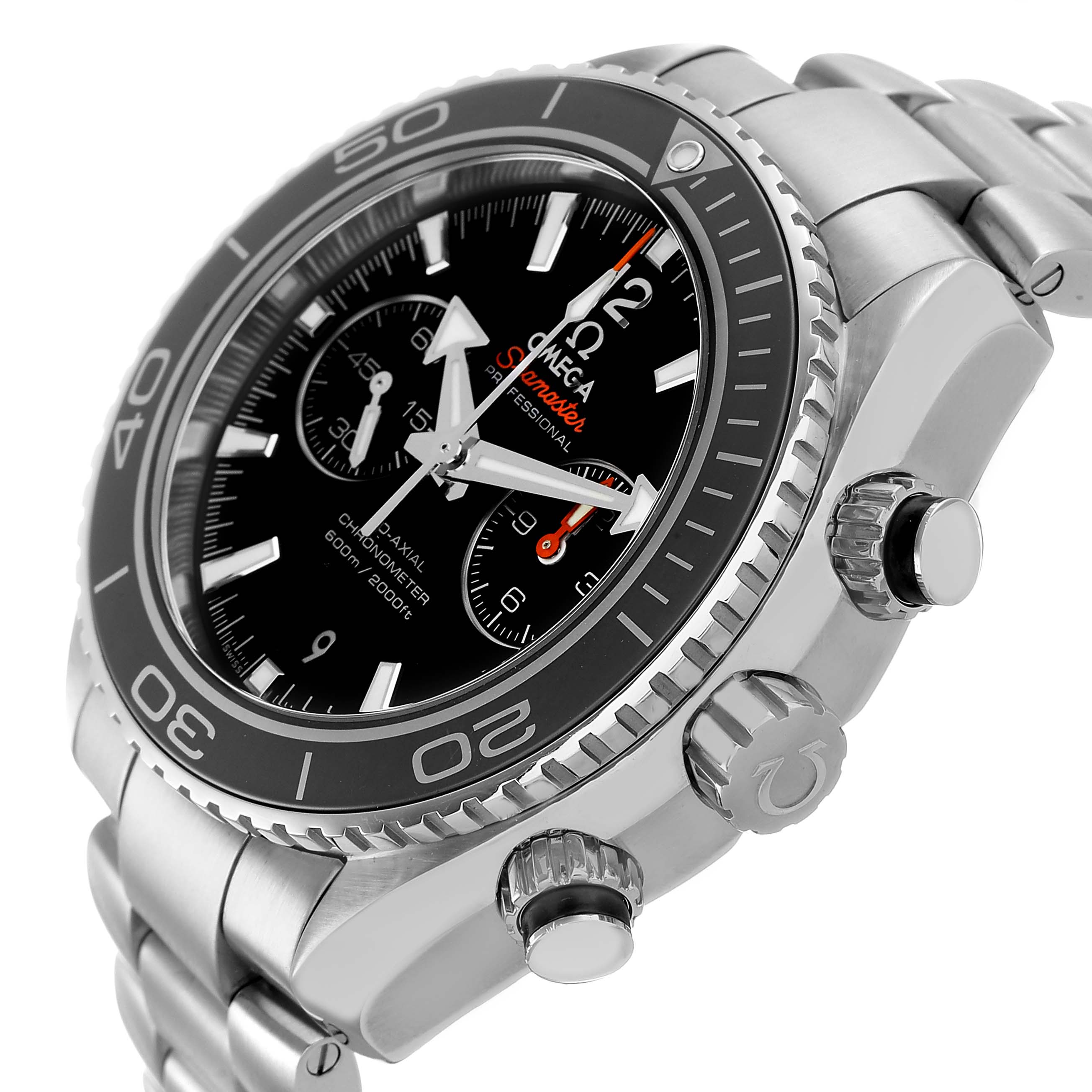 The Omega Seamaster 232.30.46.51.01.003 Men's Stainless Steel Black Dial watch is shown from an angled side view, highlighting the face, bezel, crown, and part of the bracelet.