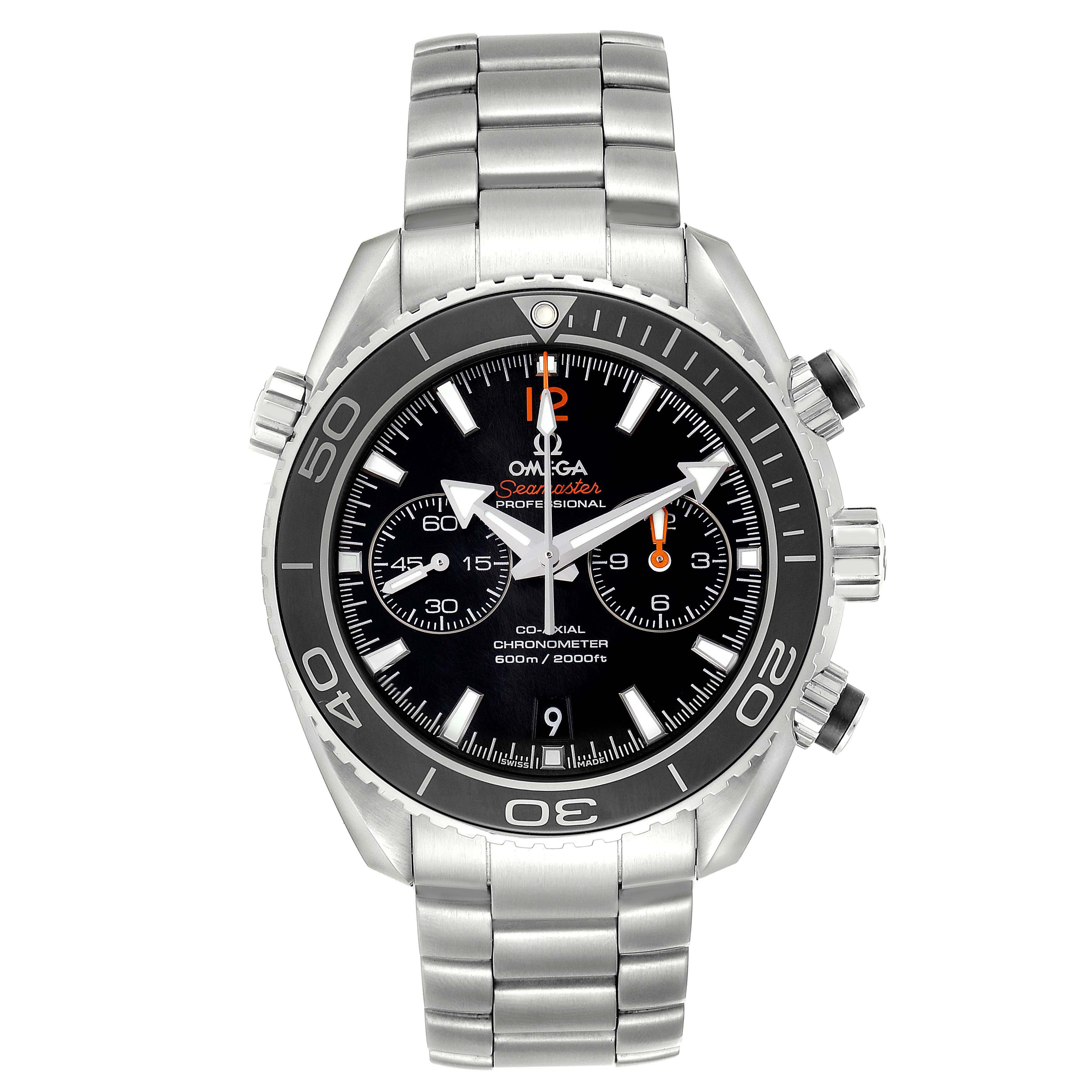 The Omega Seamaster 232.30.46.51.01.003 Men's Stainless Steel Black Dial watch is shown from the front, displaying its face, bezel, and metal bracelet.
