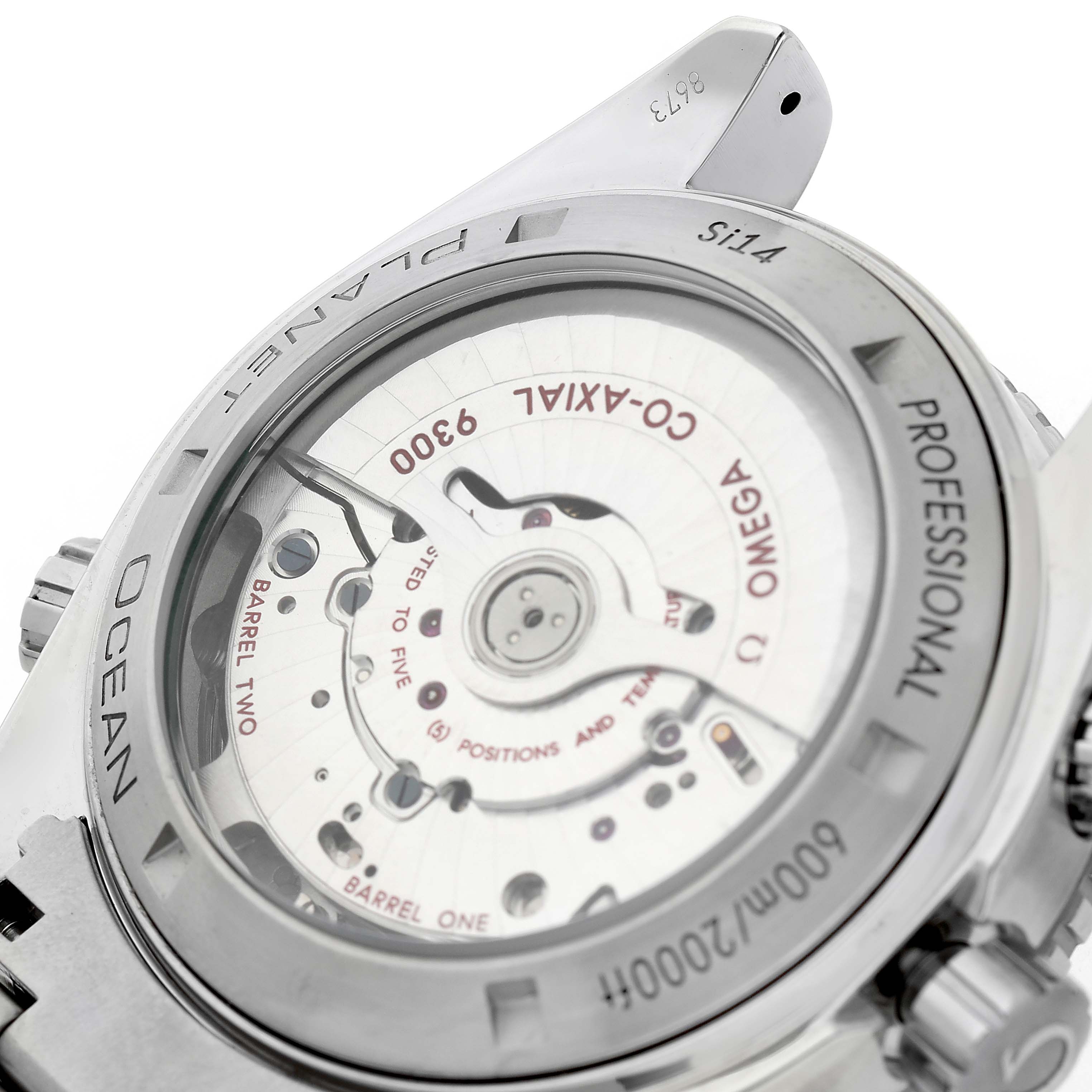 The image shows the back of the Omega Seamaster 232.30.46.51.01.003 Men's Stainless Steel Black Dial watch, highlighting its transparent case back and internal mechanism.