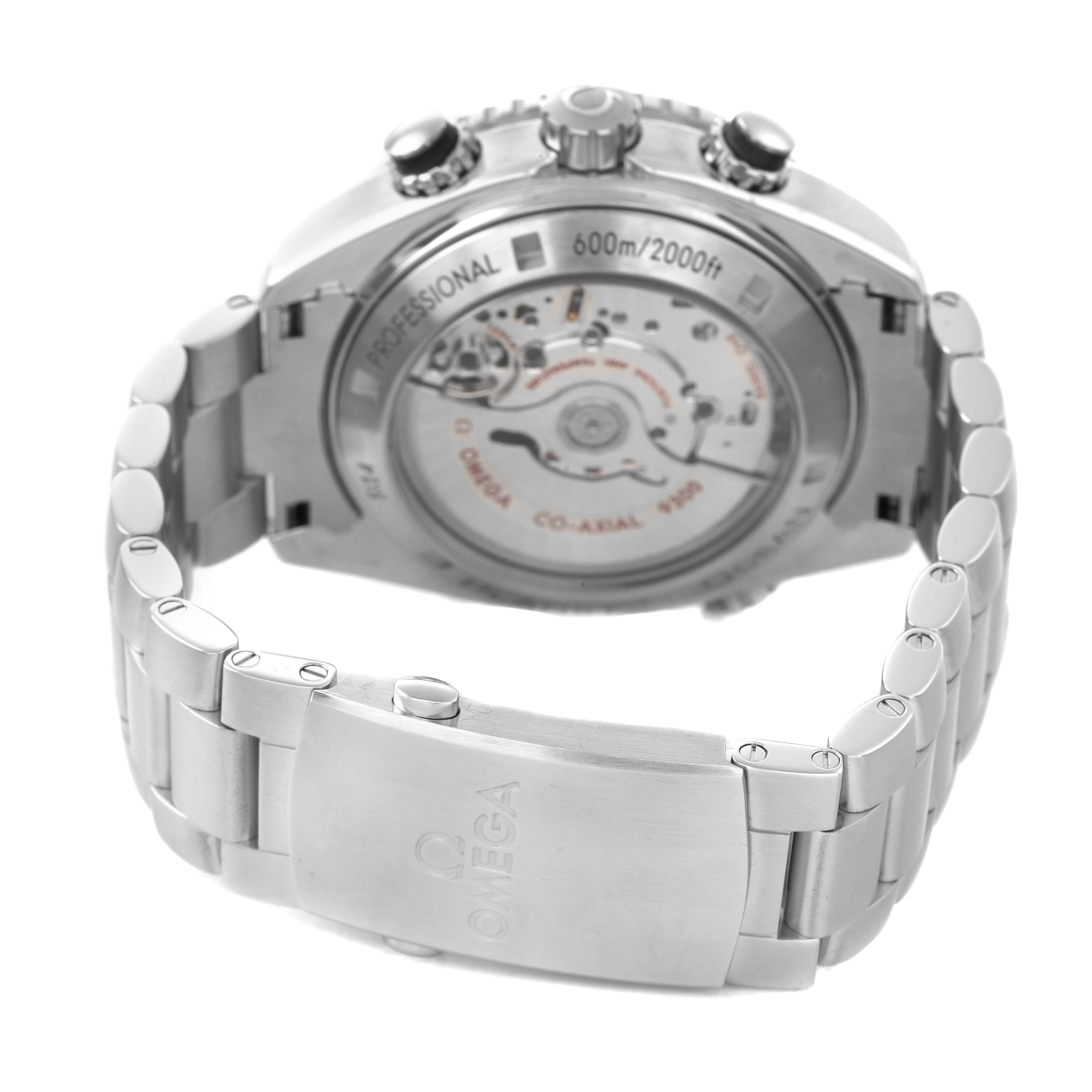 The image shows the back view of an Omega Seamaster 232.30.46.51.01.003 Men's Stainless Steel Black Dial watch, highlighting the transparent case back and metal bracelet.