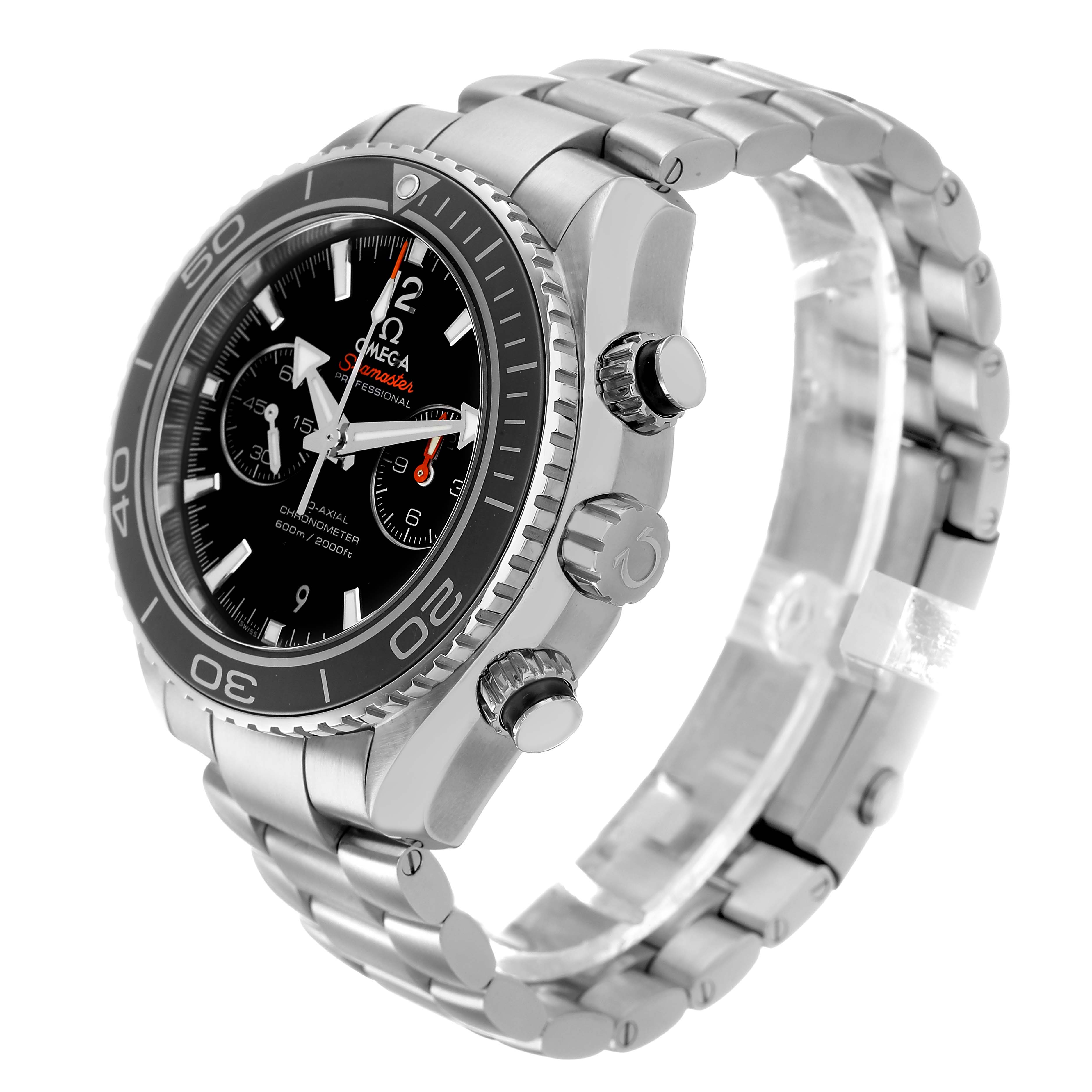 The Omega Seamaster 232.30.46.51.01.003 Men's Stainless Steel Black Dial watch is shown at a three-quarter angle, highlighting the face, bezel, crown, and bracelet.