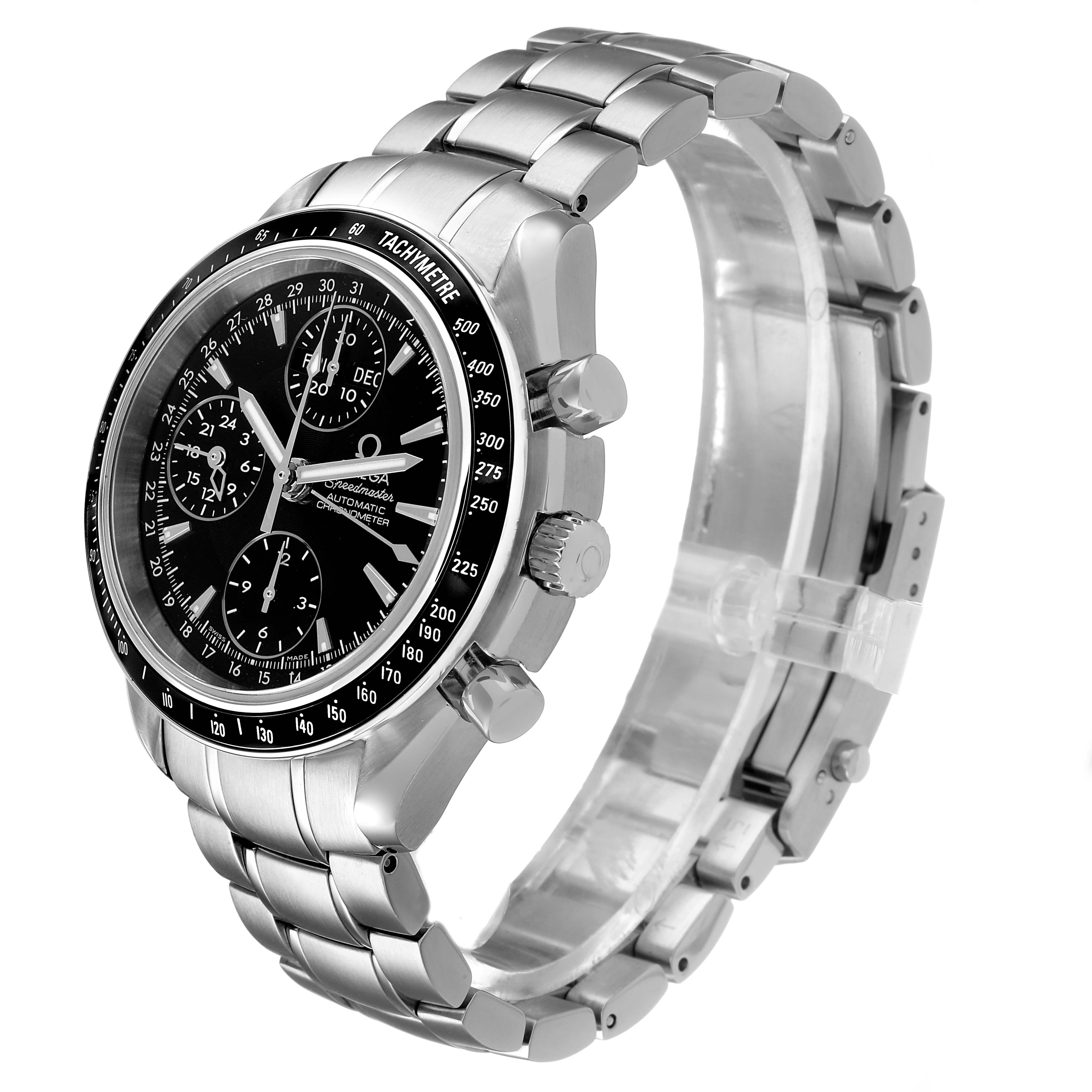 The image shows an angled side view of an Omega Speedmaster 3220.50.00 Men's Stainless Steel Black Dial, highlighting the case, bracelet, and chronograph dials.