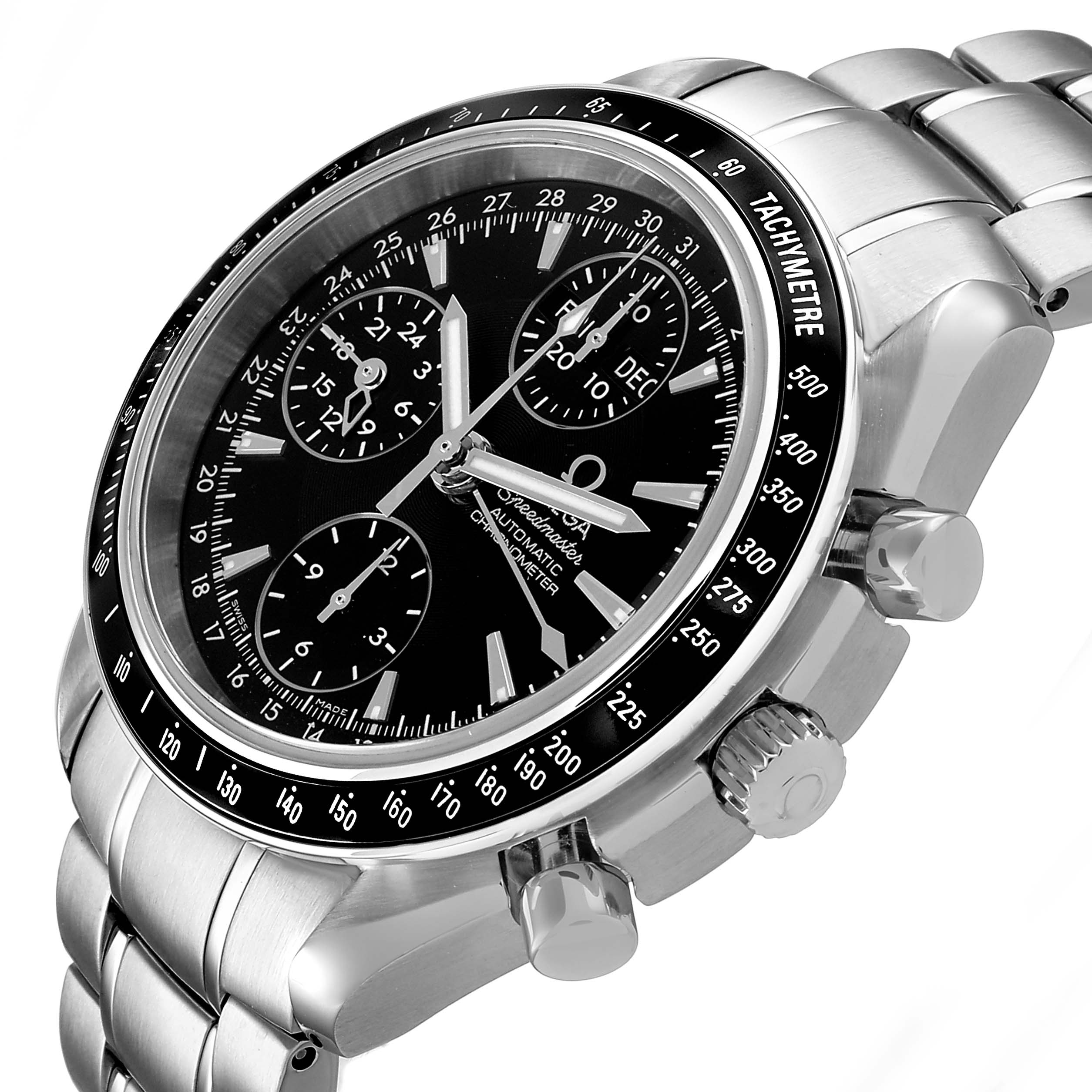 The Omega Speedmaster 3220.50.00 Men's Stainless Steel Black Dial watch is shown at an angled side view, featuring its bezel, chronograph dials, and metal bracelet.