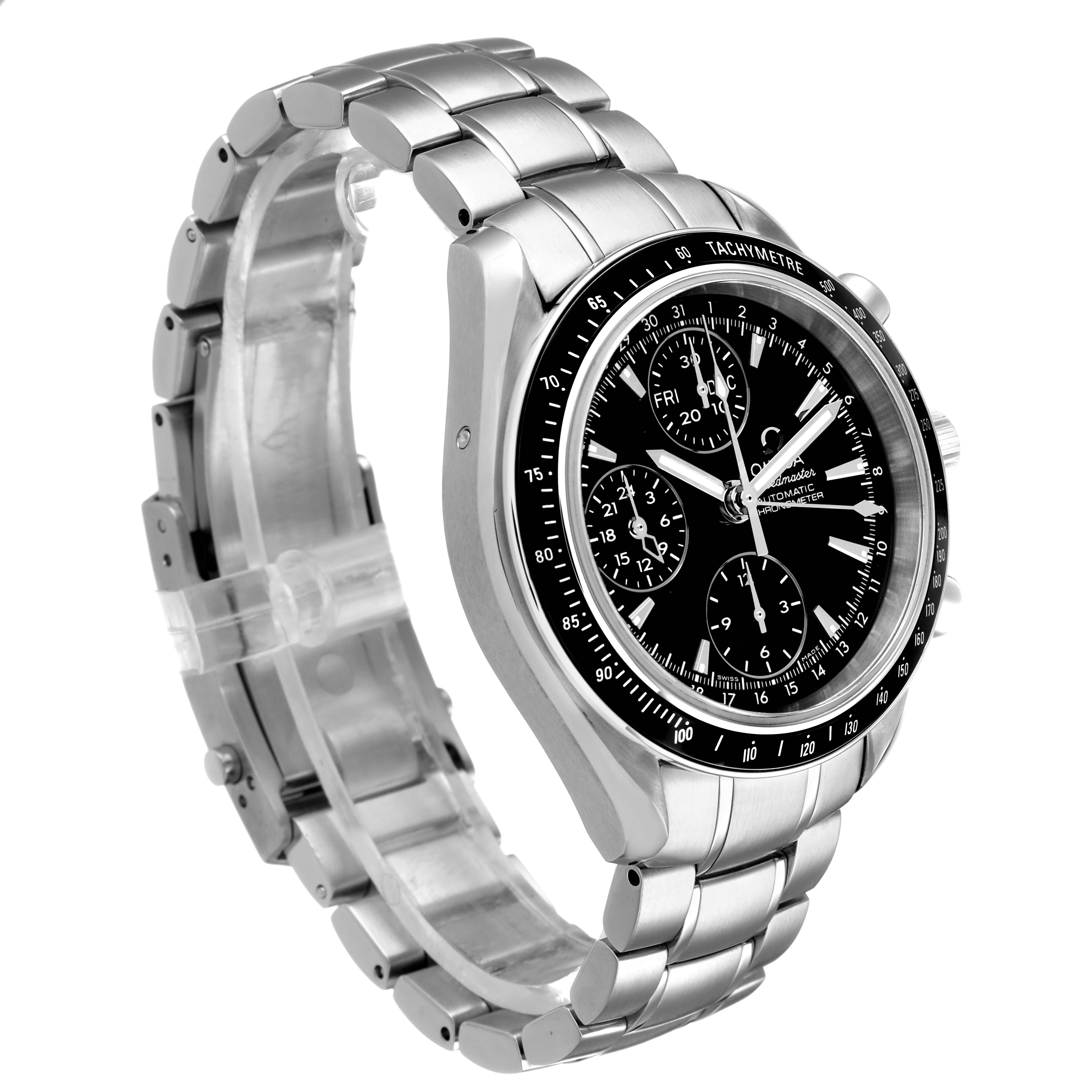 The Omega Speedmaster 3220.50.00 Men's Stainless Steel Black Dial is shown at a three-quarter angle, highlighting the bracelet, case, and chronograph dial.