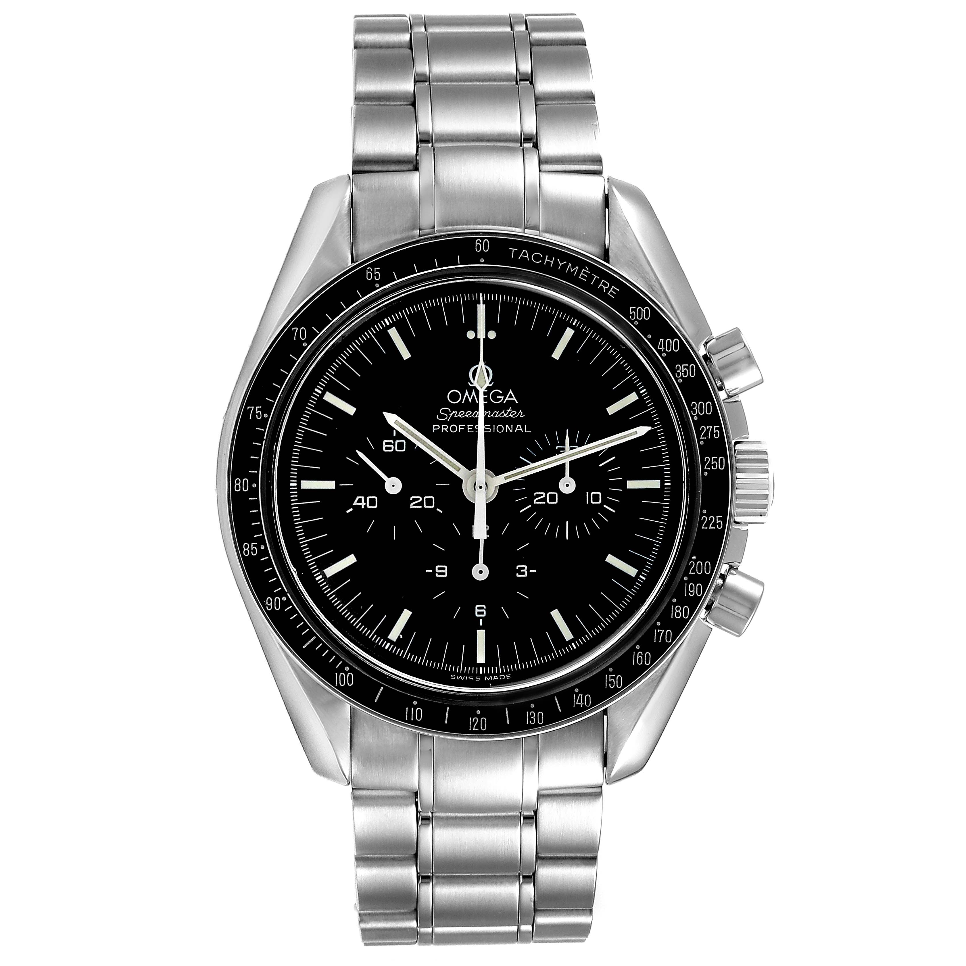 The image shows a front view of the Omega Speedmaster 3572.50.00 Men
s Stainless Steel Black Dial 3572.50.00 Men
s Stainless Steel Black Dial watch displaying its black dial, stainless steel case, and bracelet.