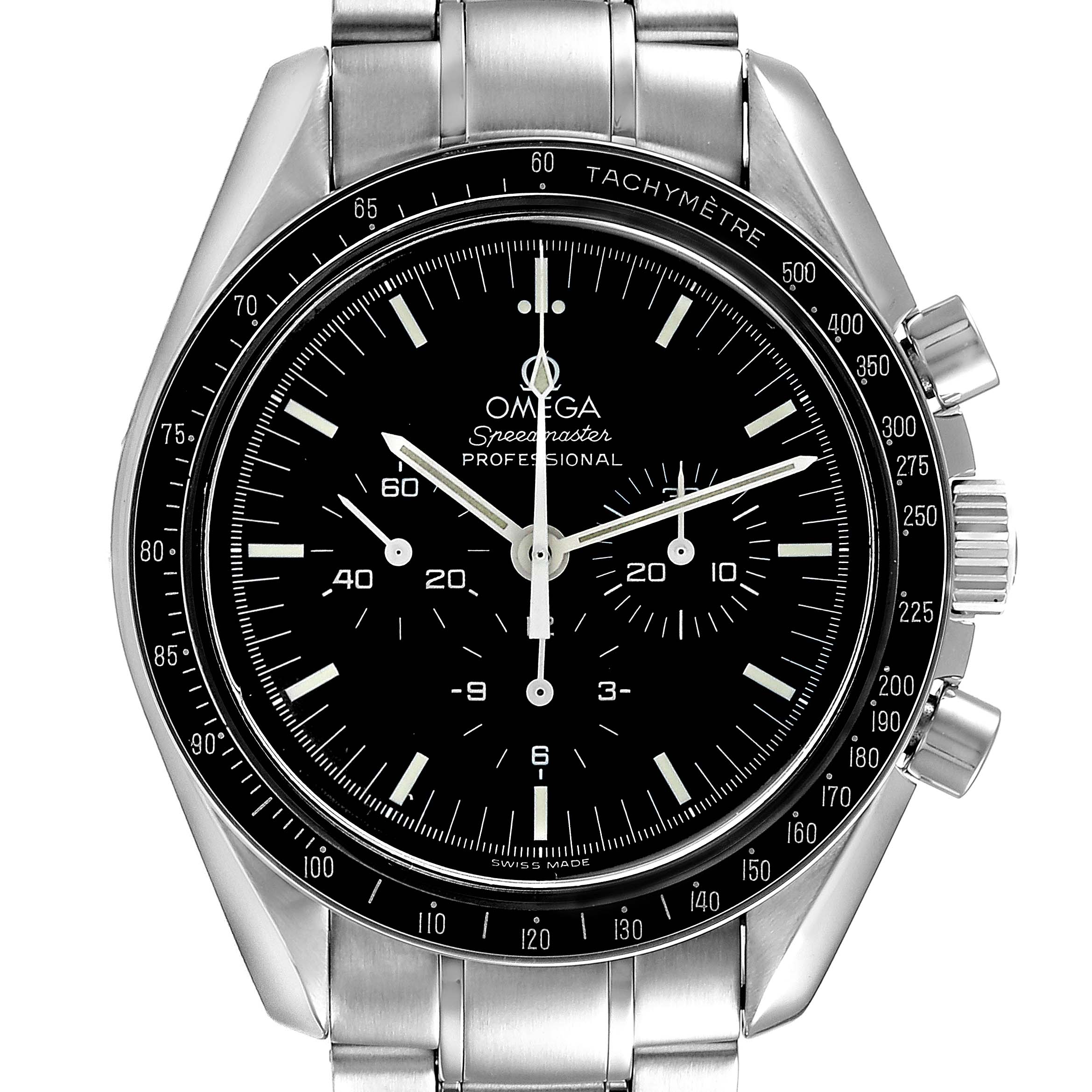 The image shows a frontal view of the Omega Speedmaster 3572.50.00 Men
s Stainless Steel Black Dial 3572.50.00 Men
s Stainless Steel Black Dial Professional watch, highlighting the dial, bezel, and pushers.