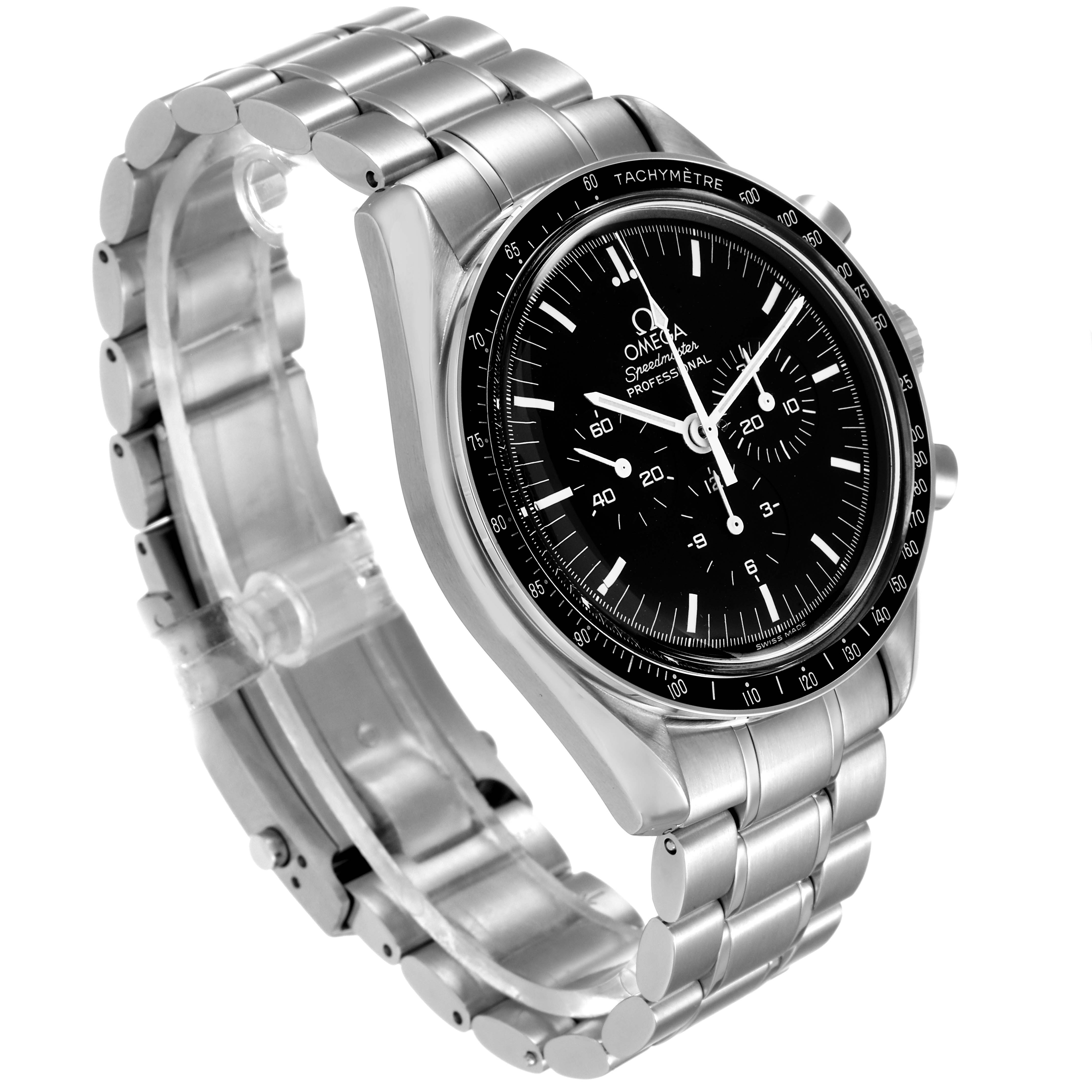 The image shows a side angle of the Omega Speedmaster 3572.50.00 Men
s Stainless Steel Black Dial 3572.50.00 Men
s Stainless Steel Black Dial watch, featuring its stainless steel bracelet and black dial.