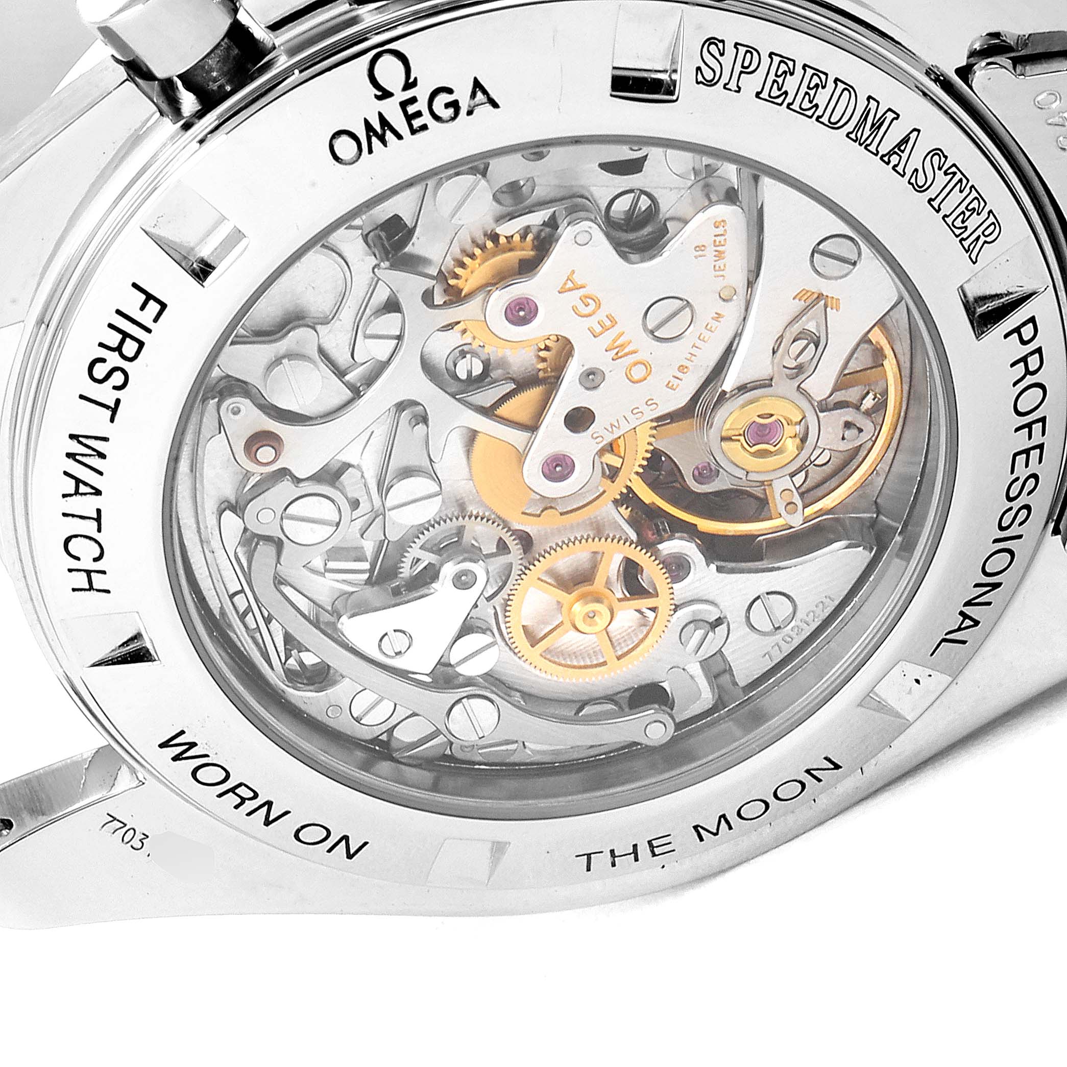 This image shows the back view of the Omega Speedmaster 3572.50.00 Men
s Stainless Steel Black Dial 3572.50.00 Men
s Stainless Steel Black Dial watch, highlighting its intricate inner mechanism and engravings.